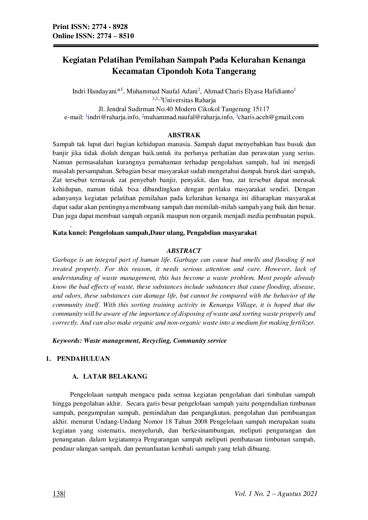 JURIS Kegiatan Pelatihan Pemilahan Sampah Pada Kelurahan Kenanga Kecamatan Cipondoh Kota Tangerang