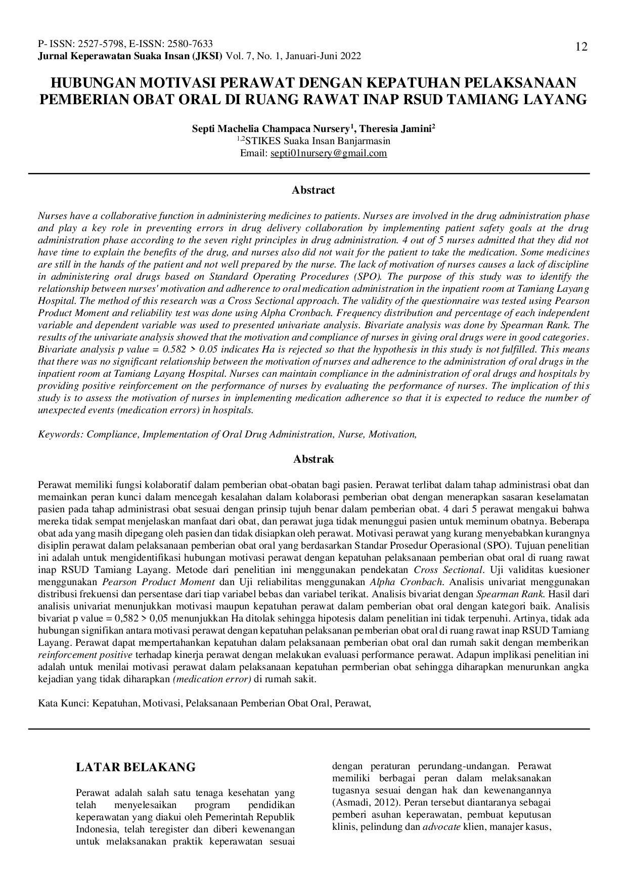 JURIS Hubungan Motivasi Perawat dengan Kepatuhan Pelaksanaan Pemberian Obat Oral di Ruang Rawat Inap RSUD Tamiang Layang