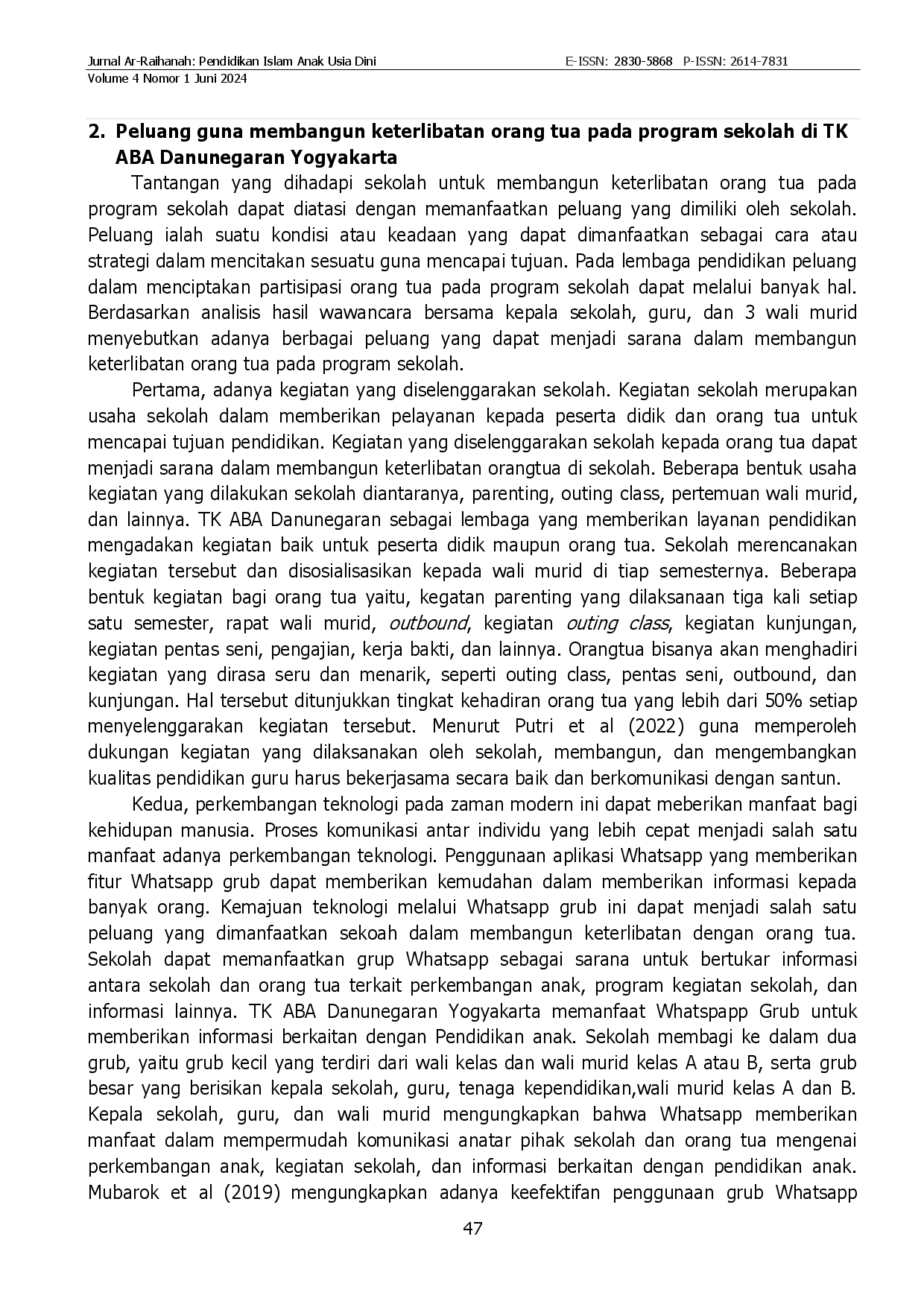 juris Analisis Tantangan dan Peluang Membangun Keterlibatan Orang Tua Pada Program Sekolah TK ABA Danunegaran Yogyakarta