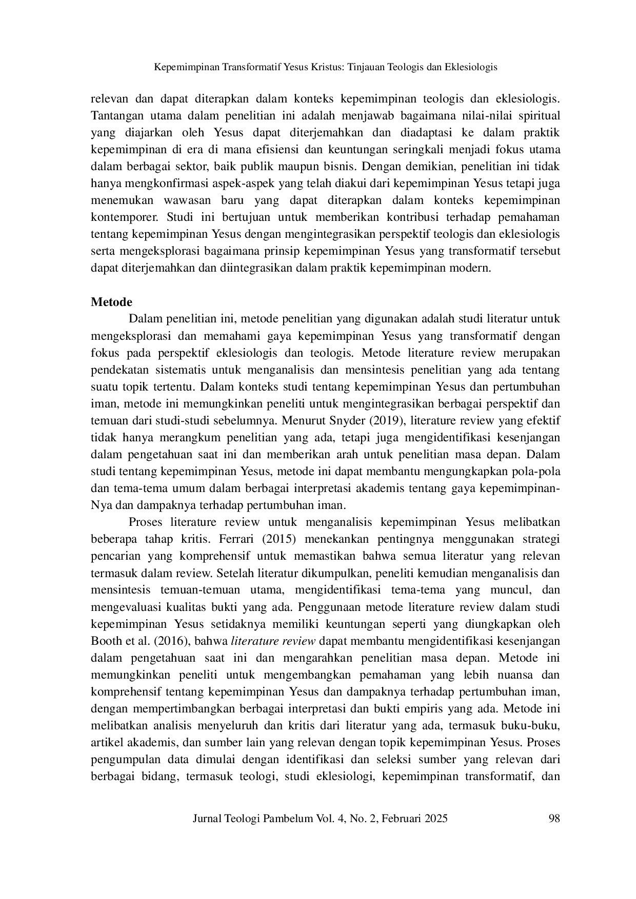 JURIS Kepemimpinan Transformatif Yesus Kristus Tinjauan Teologis Dan Eklesiologis