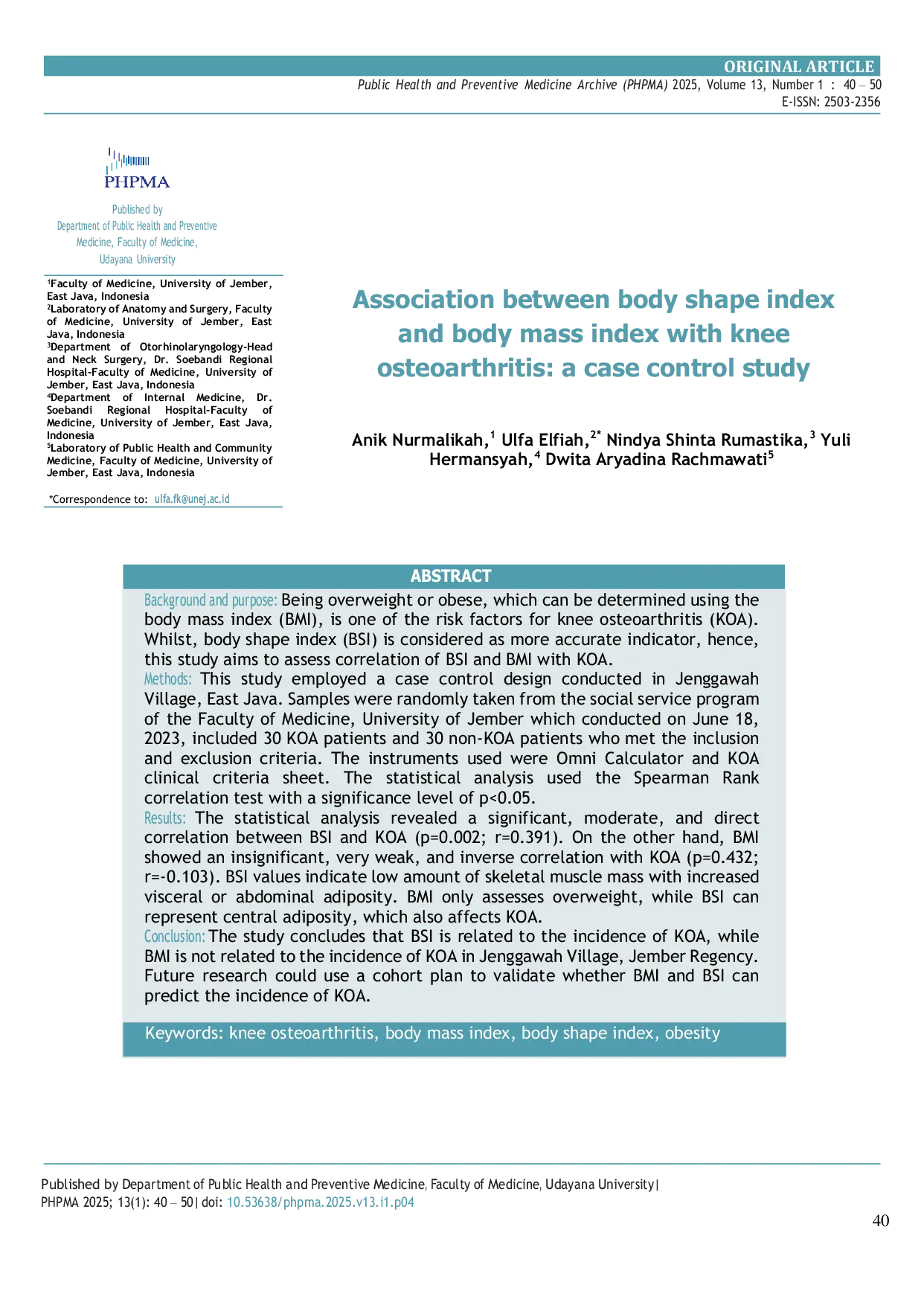 JURIS Association between body shape index and body mass index with knee osteoarthritis a case control study