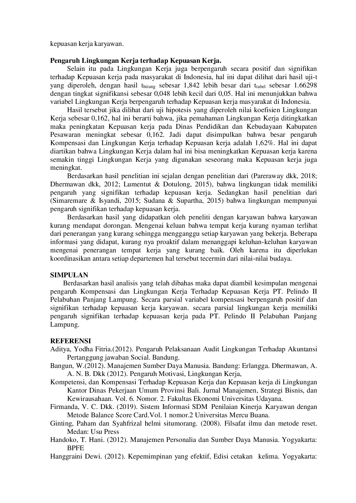 JURIS Pengaruh Kompensasi dan Lingkungan Kerja Terhadap Kepuasan Kerja pada PT Pelindo II Pelabuhan Panjang Lampung