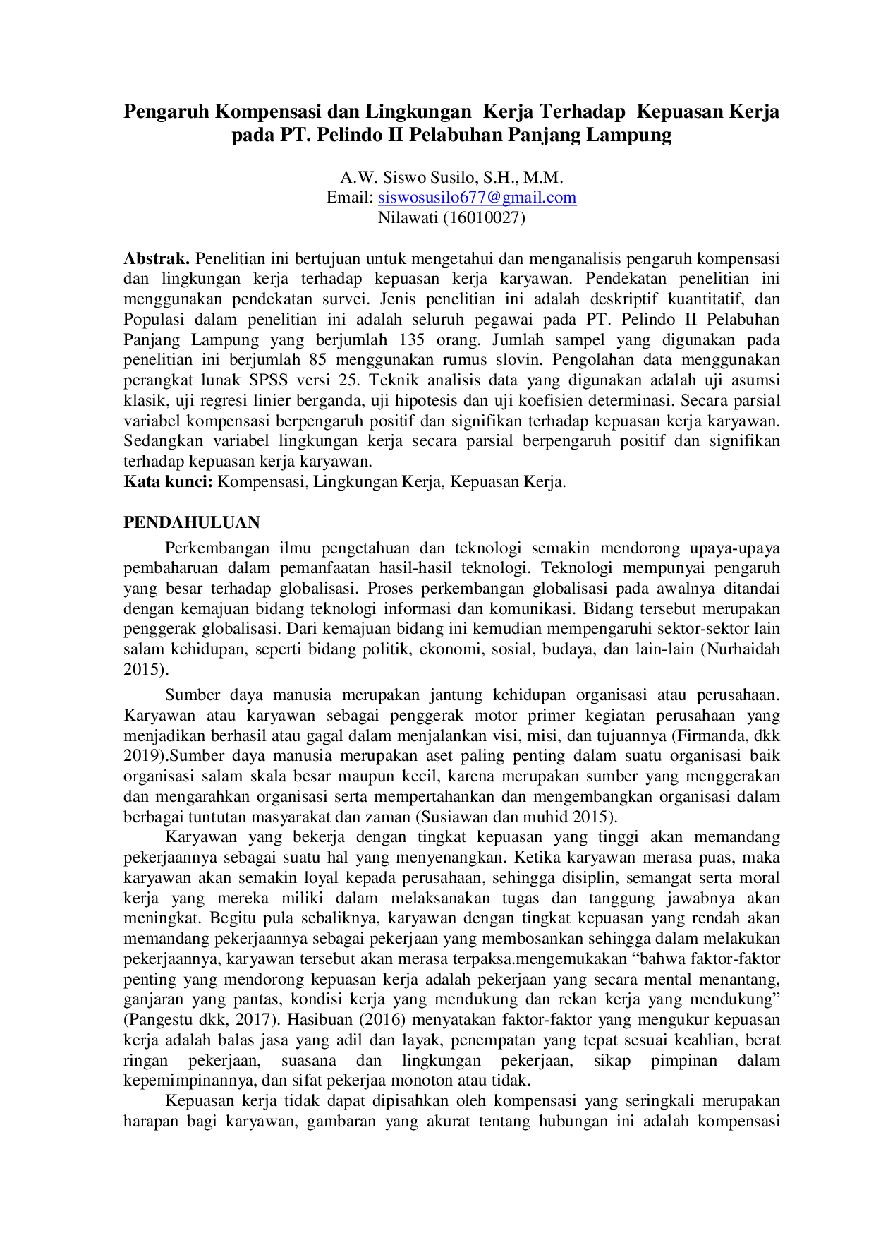 JURIS Pengaruh Kompensasi dan Lingkungan Kerja Terhadap Kepuasan Kerja pada PT Pelindo II Pelabuhan Panjang Lampung