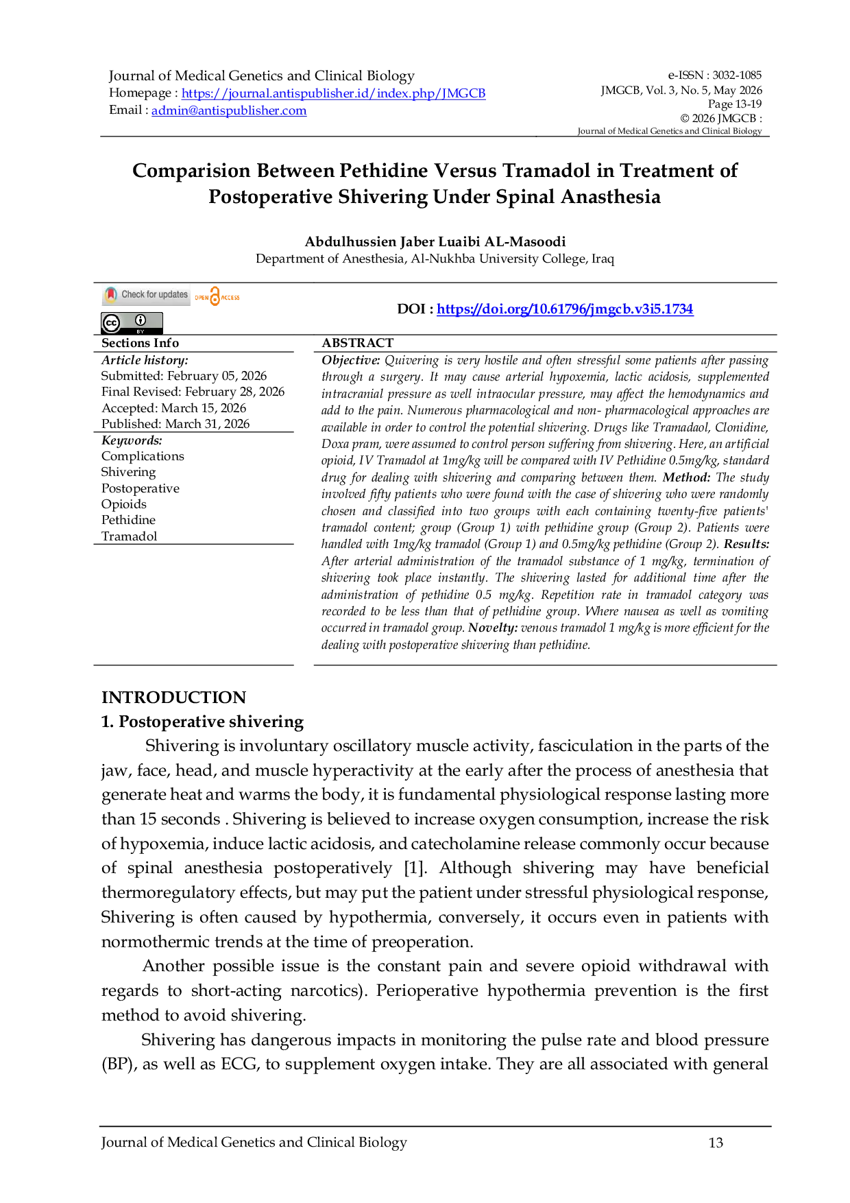 JURIS Perbandingan antara Pethidine dan Tramadol dalam Pengobatan Gemeretak Pascaoperasi di Bawah Anestesi Spinal