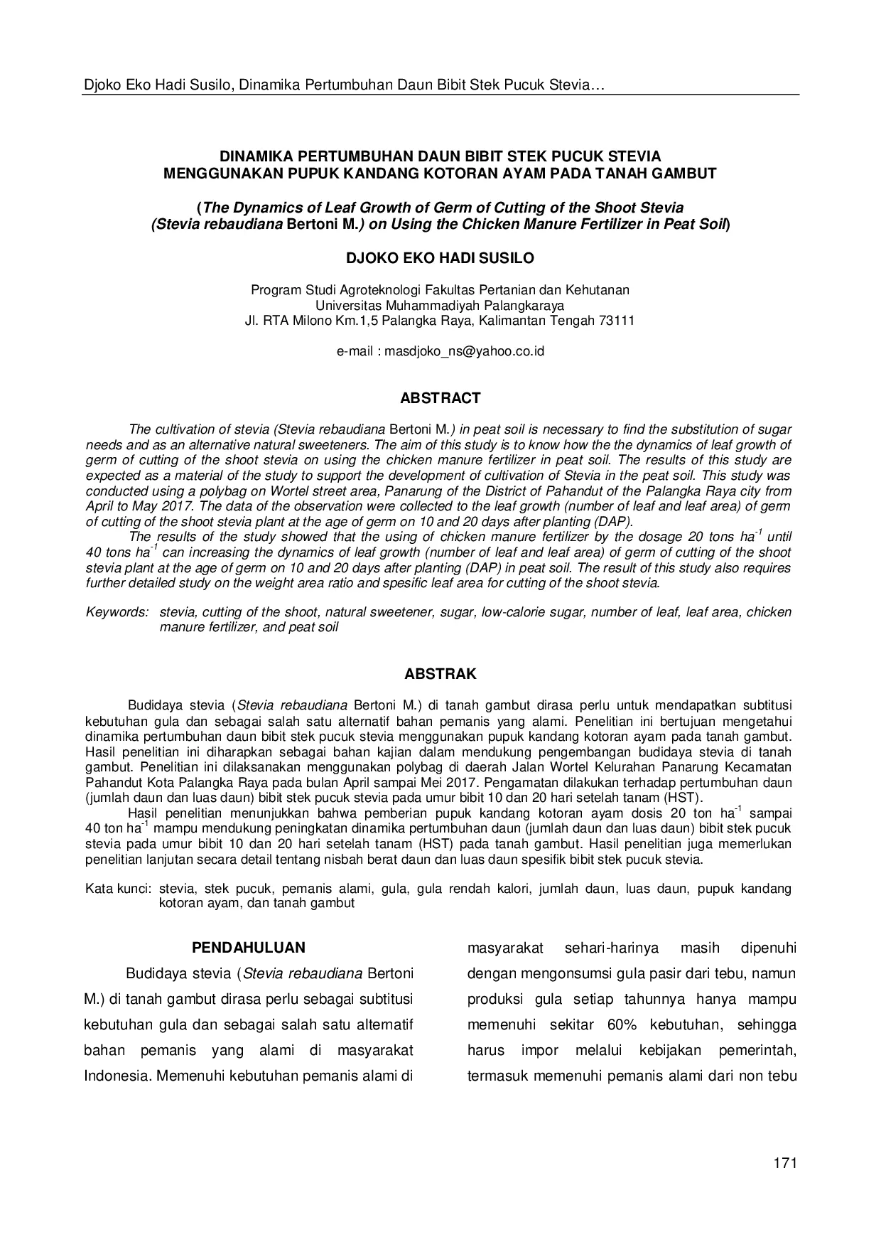 JURIS Dinamika Pertumbuhan Daun Bibit Stek Pucuk Stevia Menggunakan Pupuk Kandang Kotoran Ayam Pada Tanah Gambut