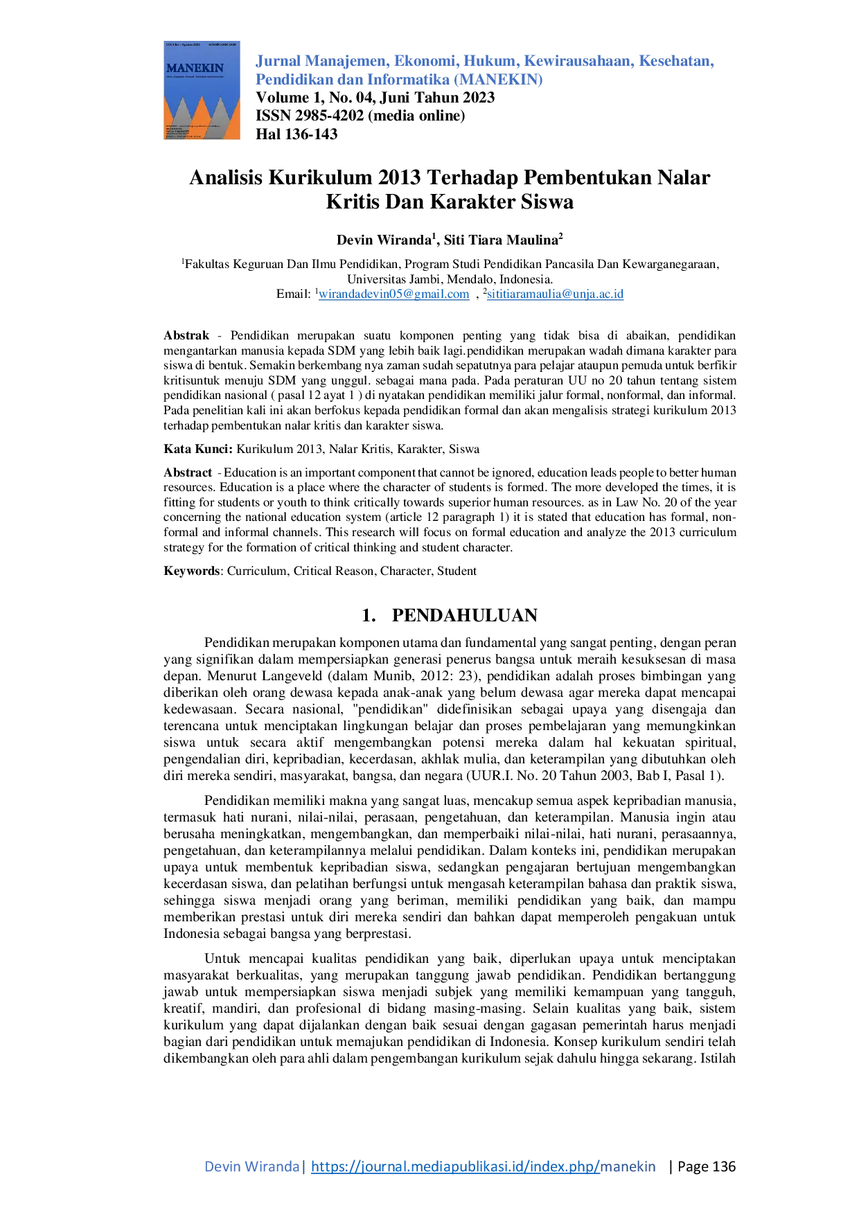 JURIS Analisis Kurikulum 2013 Terhadap Pembentukan Nalar Kritis Dan Karakter Siswa