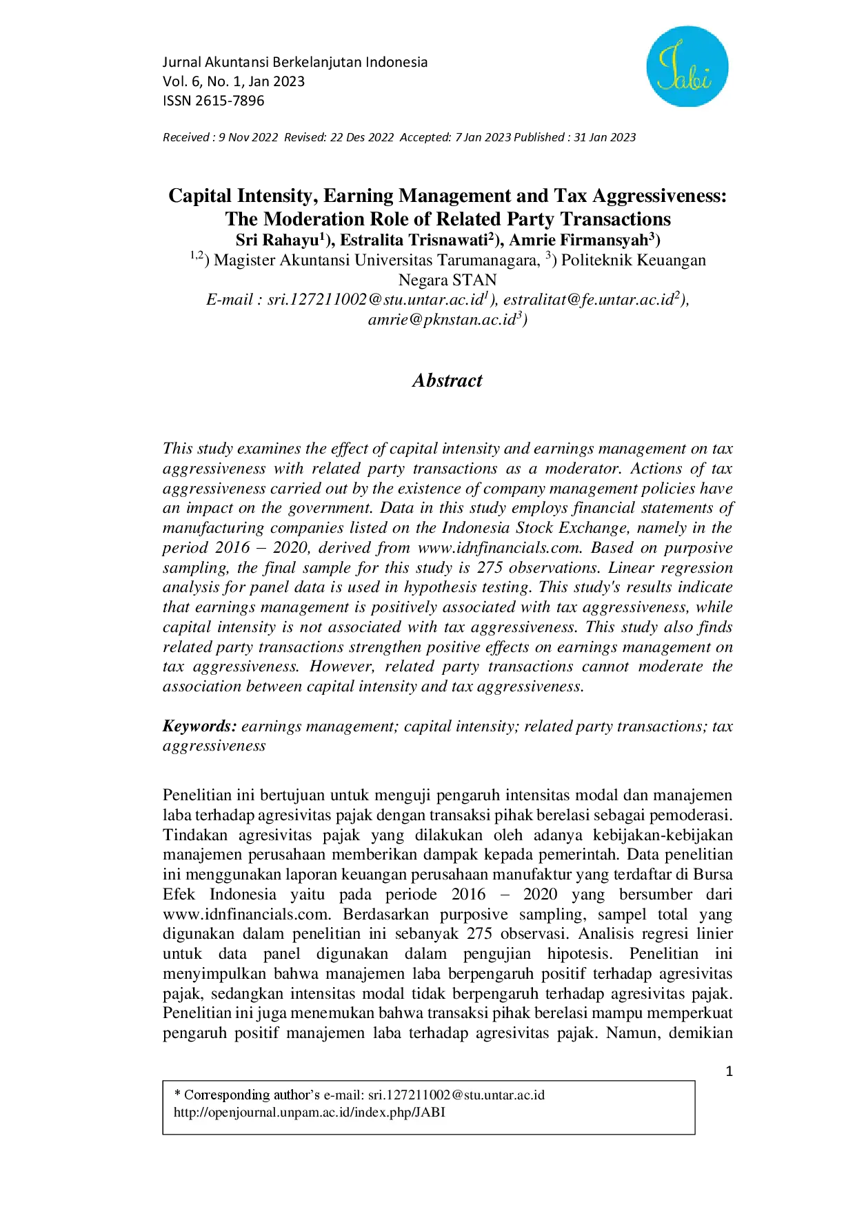 juris Capital Intensity Earning Management and Tax Aggressiveness The Moderation Role of Related Party Transactions
