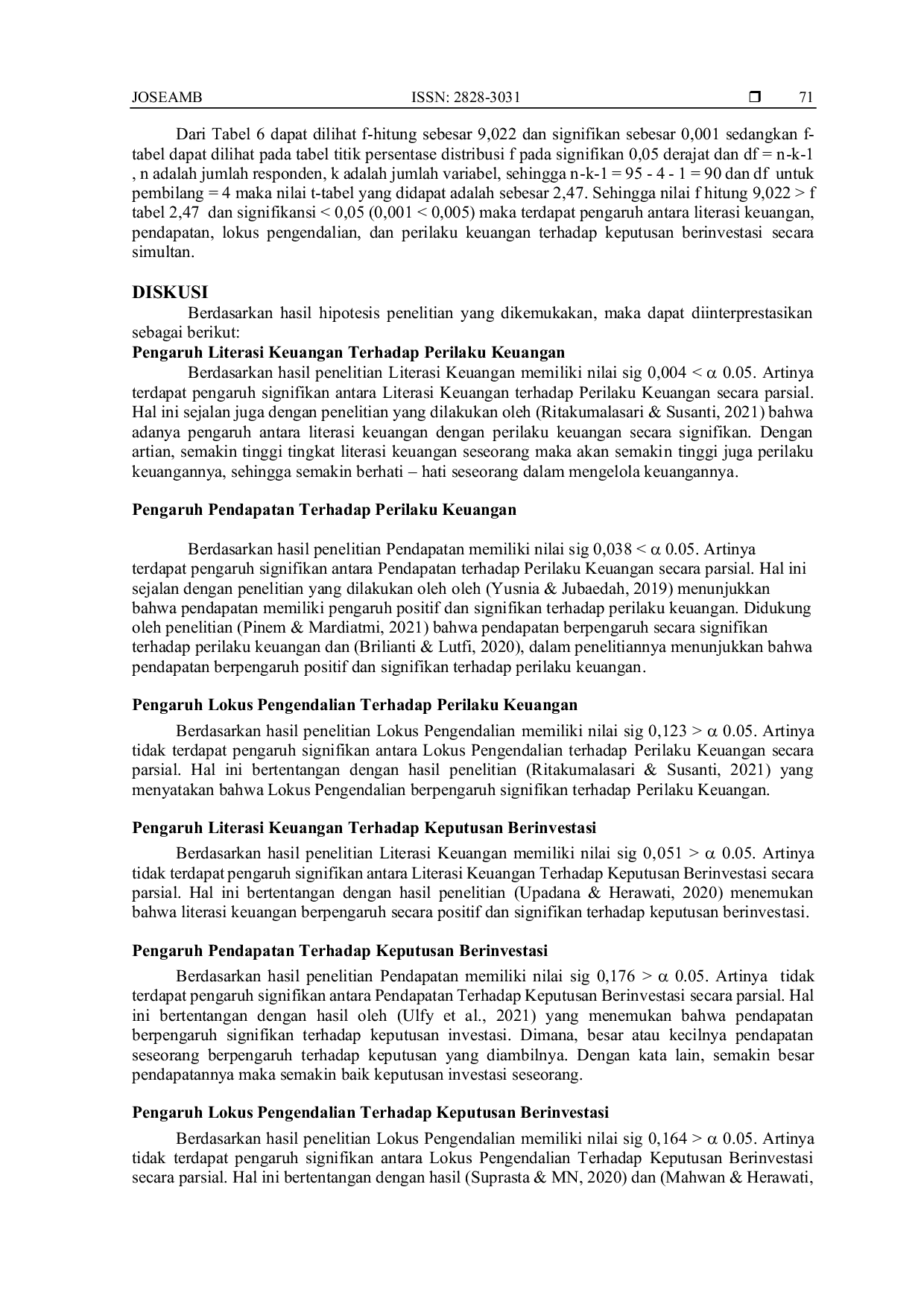 JURIS Keputusan Berinvestasi Melalui Perilaku Keuangan Literasi Keuangan Pendapatan Dan Lokus Pengendalian Di Kota Solok