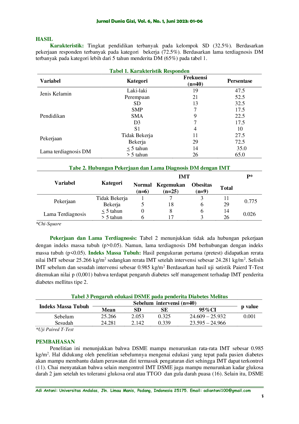JURIS Pengaruh Diabetes Self Management Education Terhadap Indeks Massa Tubuh Penderita Diabetes Melitus Tipe 2