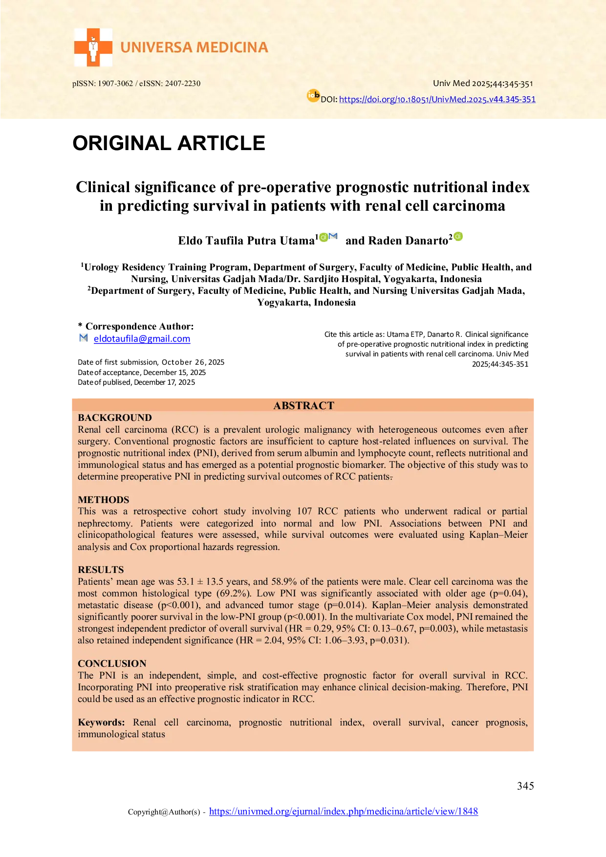 JURIS Clinical significance of pre operative prognostic nutritional index in predicting survival in patients with renal cell carcinoma
