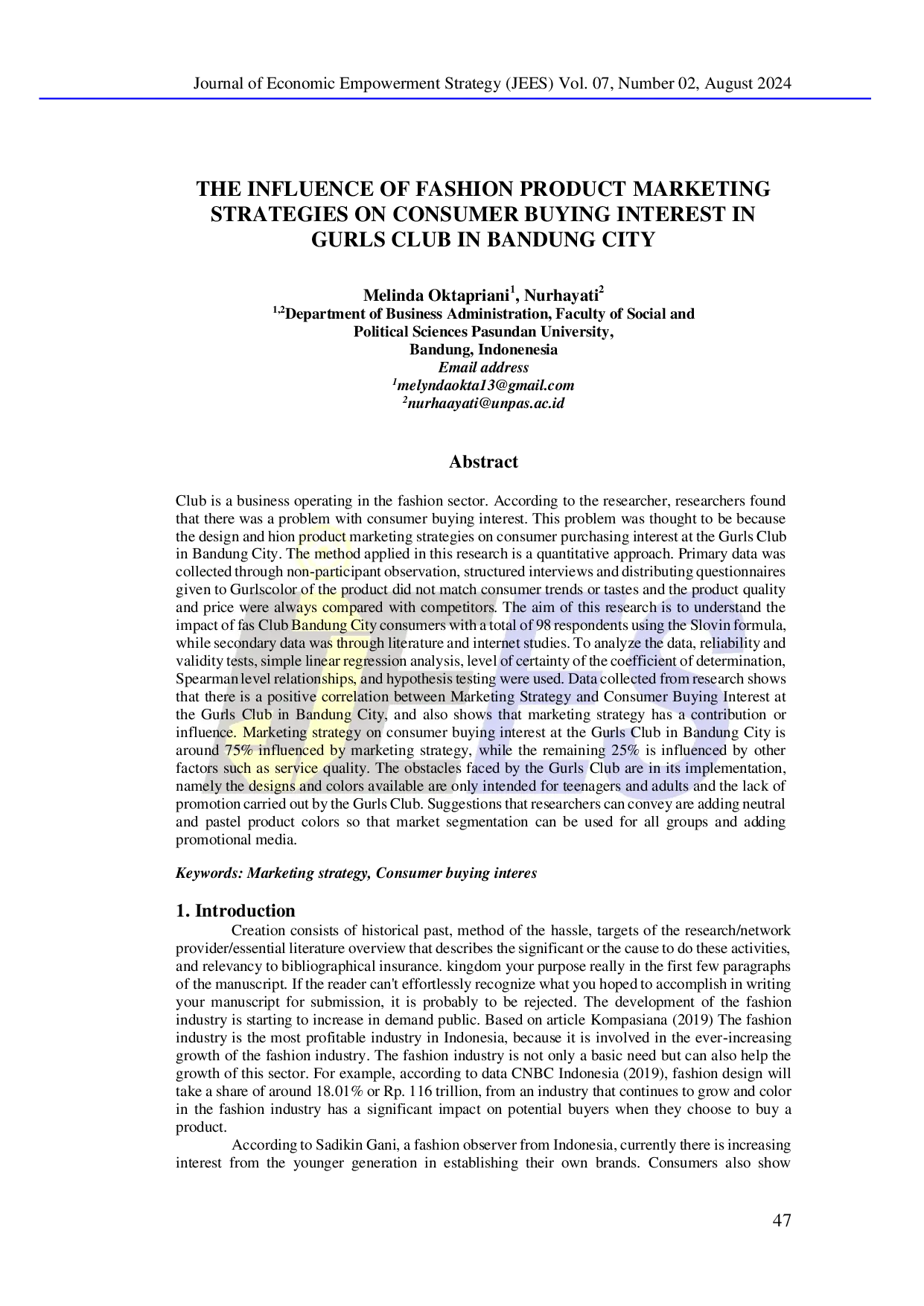 juris The Influence of Fashion Product Marketing Strategies on Consumer Buying Interest in Gurls Club in Bandung City