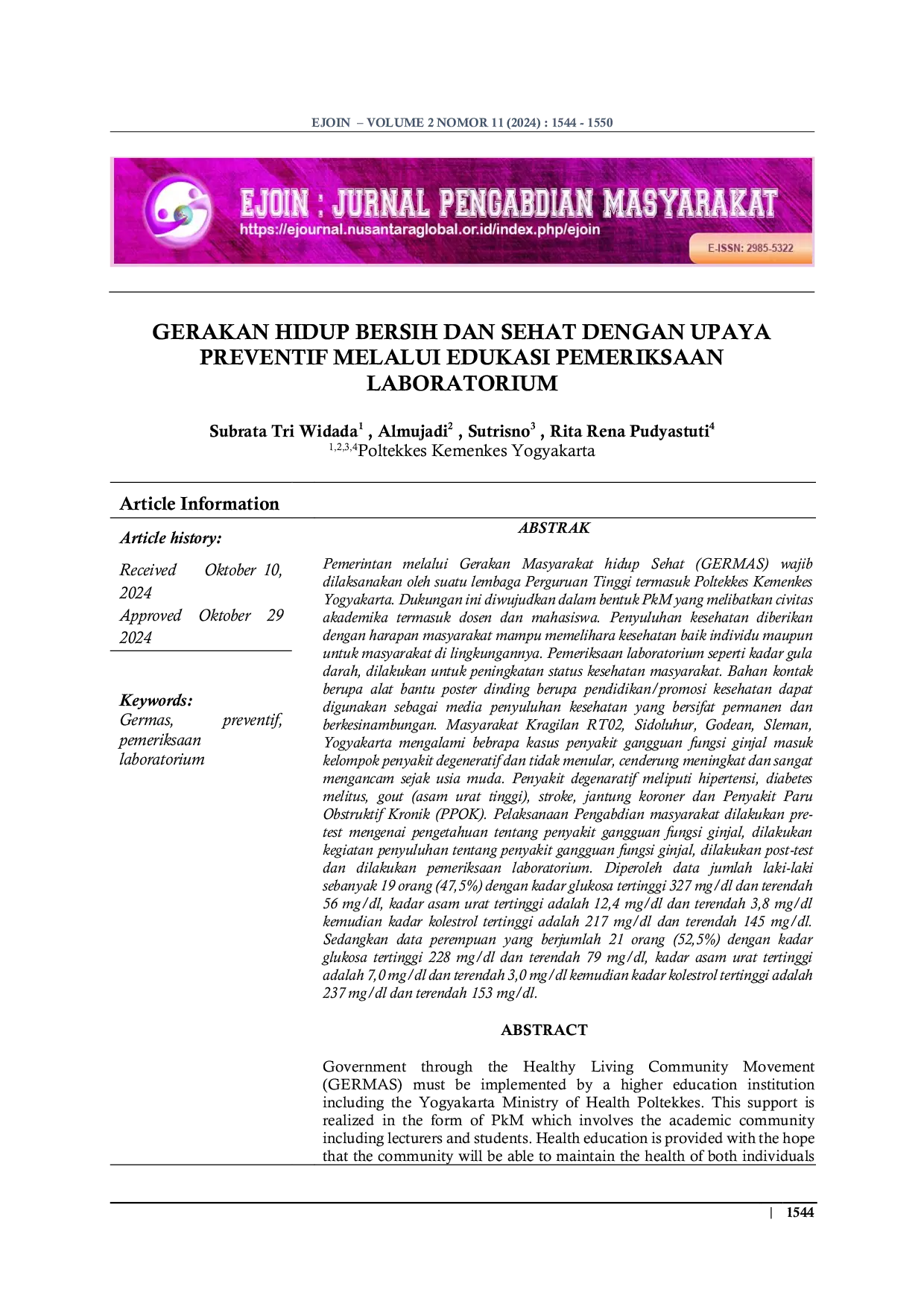 JURIS Gerakan Hidup Bersih Dan Sehat Dengan Upaya Preventif Melalui Edukasi Pemeriksaan Laboratorium