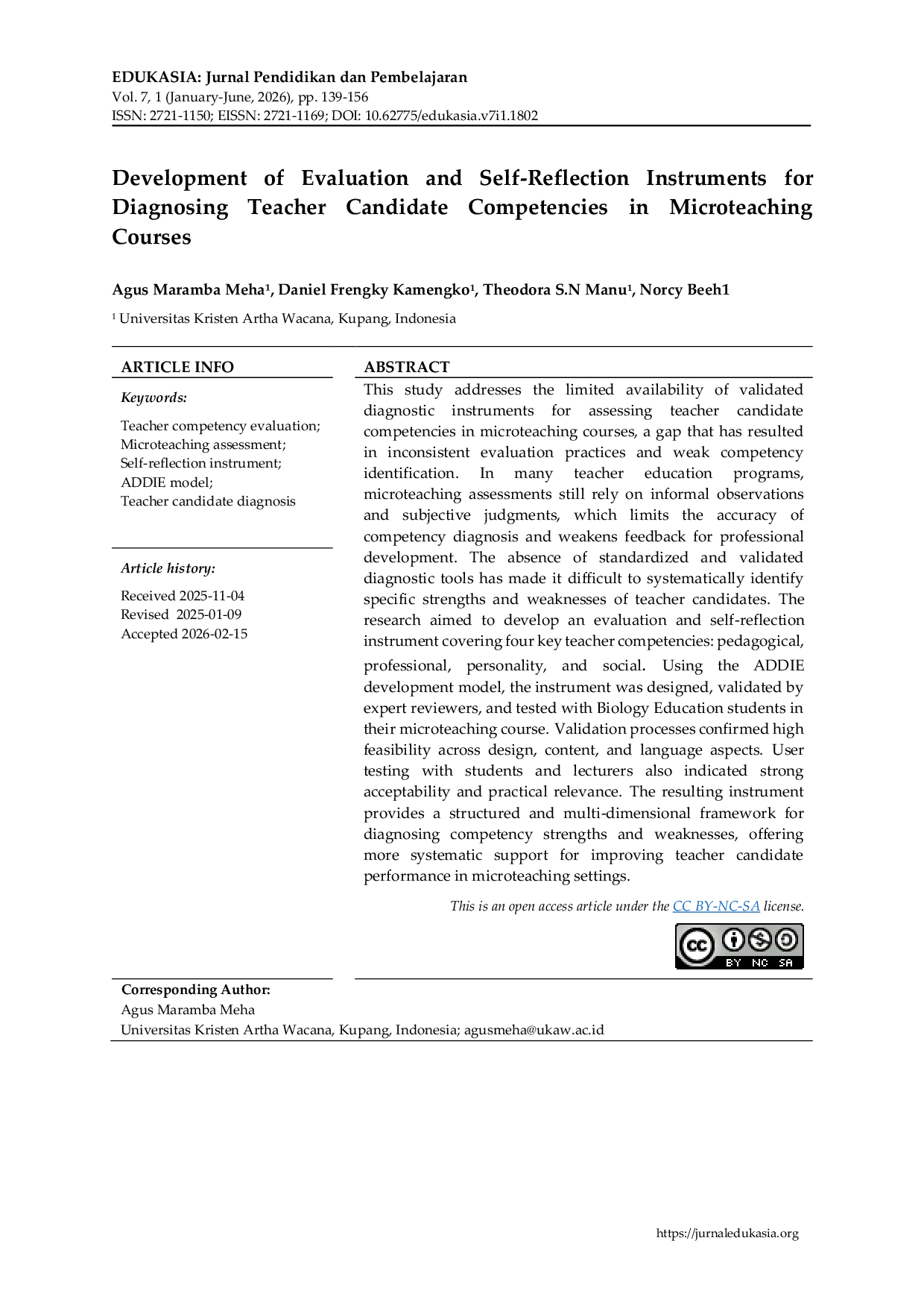JURIS Development of Evaluation and Self Reflection Instruments for Diagnosing Teacher Candidate Competencies in Microteaching Courses