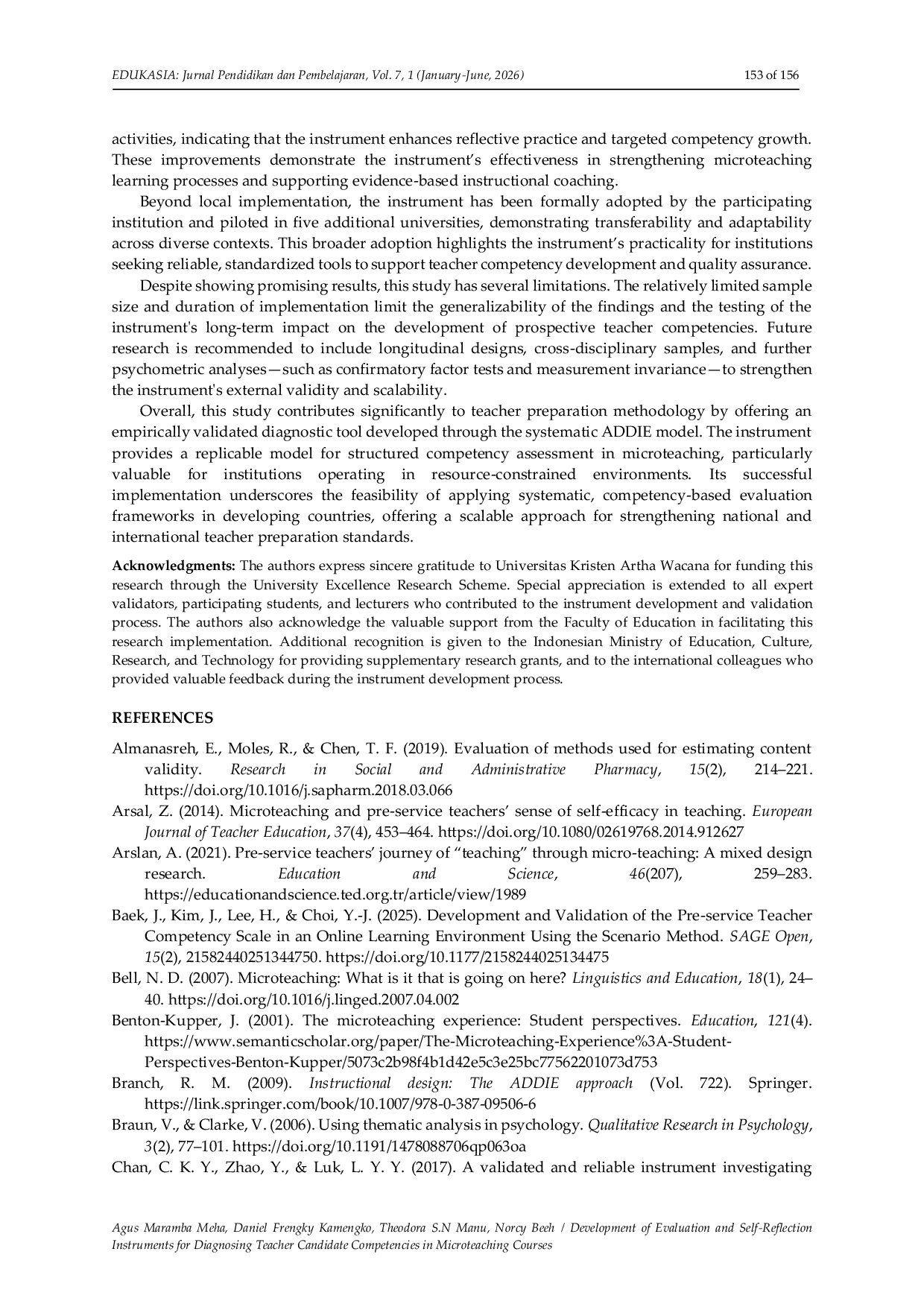 JURIS Development of Evaluation and Self Reflection Instruments for Diagnosing Teacher Candidate Competencies in Microteaching Courses