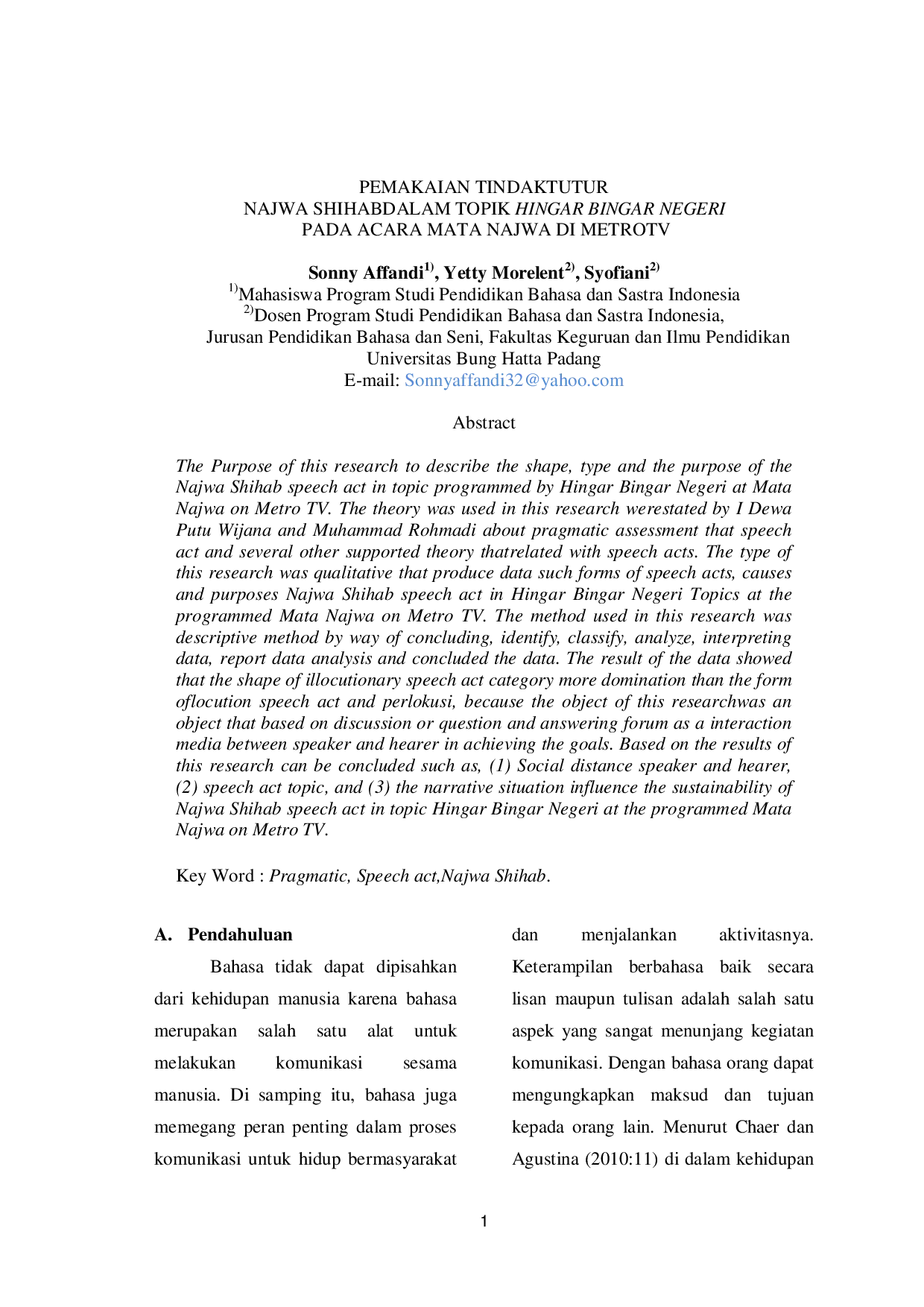 JURIS Pemakaian Tindaktutur Najwa Shihab dalam Topik Hingar Bingar Negeri pada Acara Mata Najwa di MetroTV