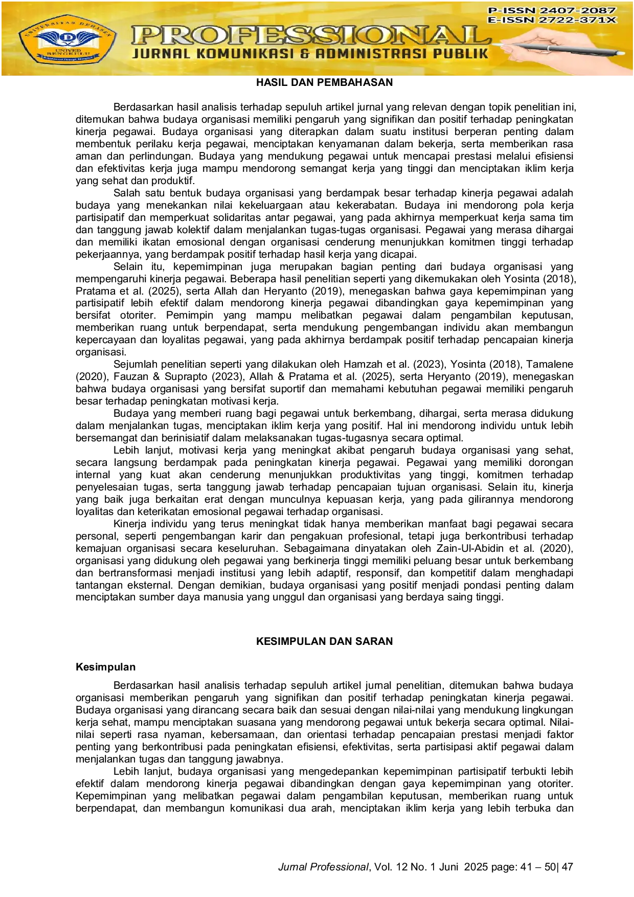 JURIS Studi Pustaka Tentang Hubungan Budaya Organisasi Terhadap Kinerja Pegawai Sektor Publik