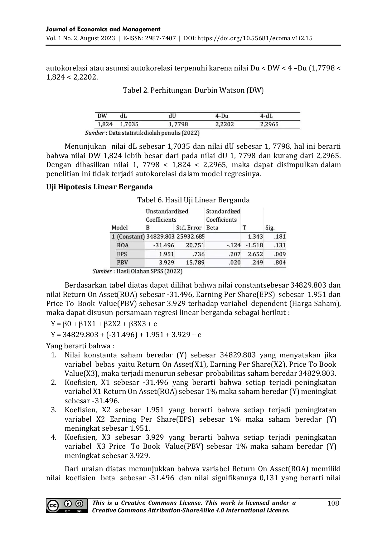 JURIS Pengaruh Return On Asset Earning Per Share dan Price To Book Value Terhadap Harga Saham Studi pada Perusahaan LQ45 yang Terdaftar Di Bursa Efek Indonesia