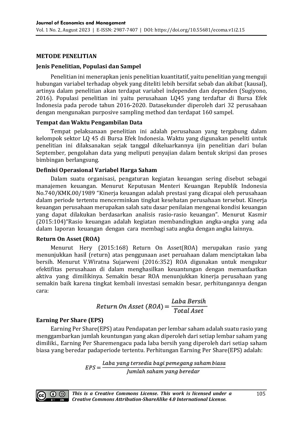 JURIS Pengaruh Return On Asset Earning Per Share dan Price To Book Value Terhadap Harga Saham Studi pada Perusahaan LQ45 yang Terdaftar Di Bursa Efek Indonesia