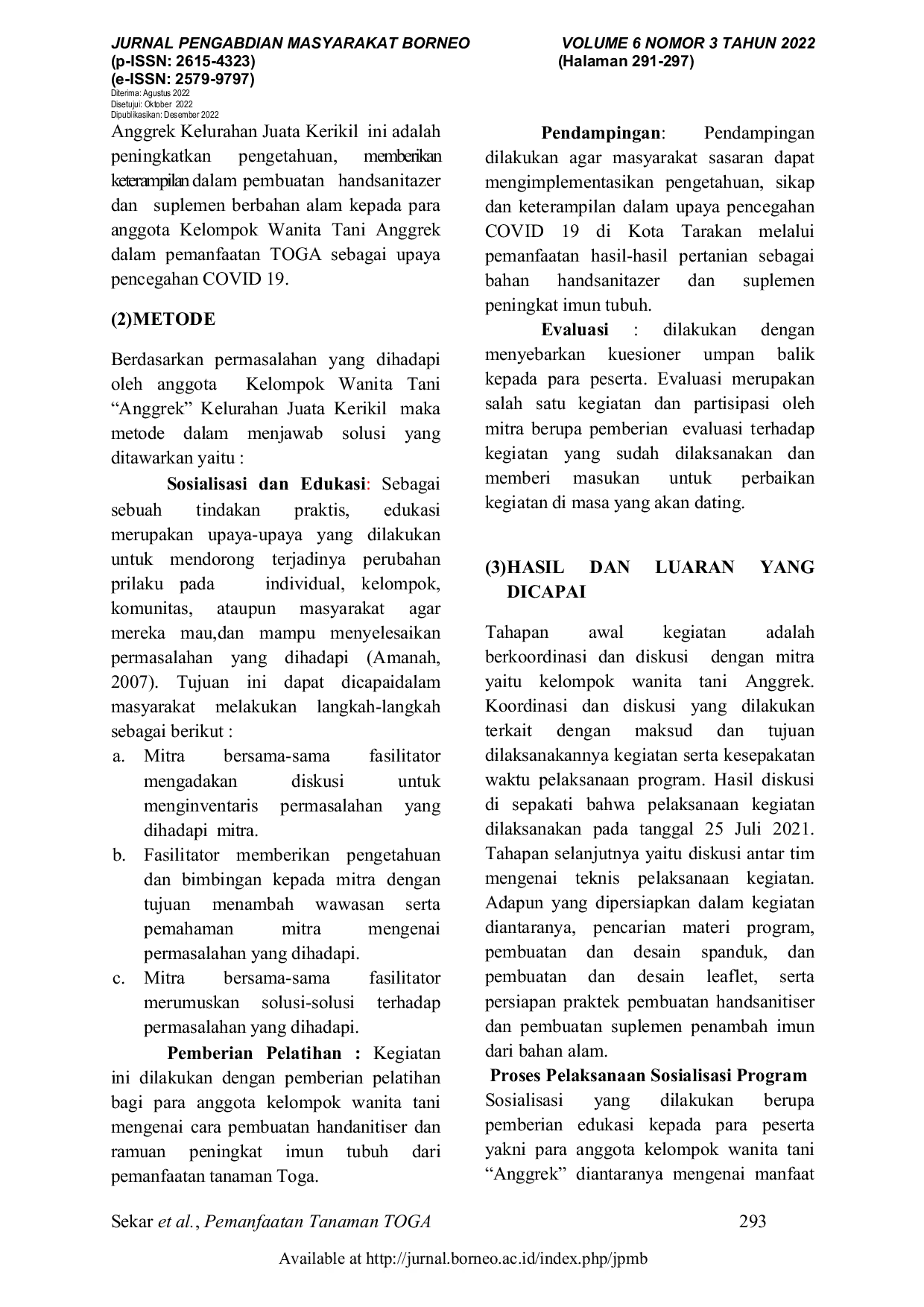 JURIS Pemanfaatan Tanaman Obat Keluarga TOGA Sebagai Alternatif Pencegahan COVID 19 Di Kelompok Wanita Tani Anggrek Kota Tarakan