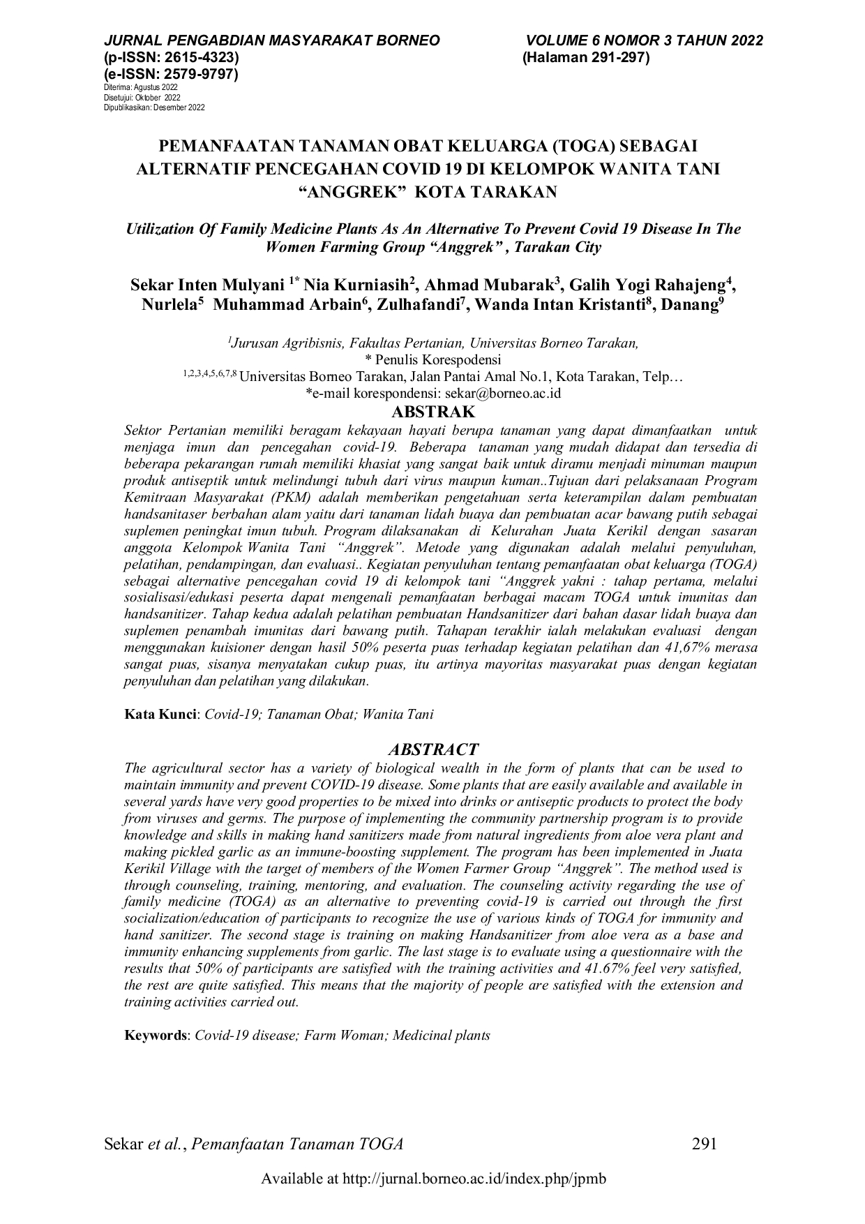 JURIS Pemanfaatan Tanaman Obat Keluarga TOGA Sebagai Alternatif Pencegahan COVID 19 Di Kelompok Wanita Tani Anggrek Kota Tarakan