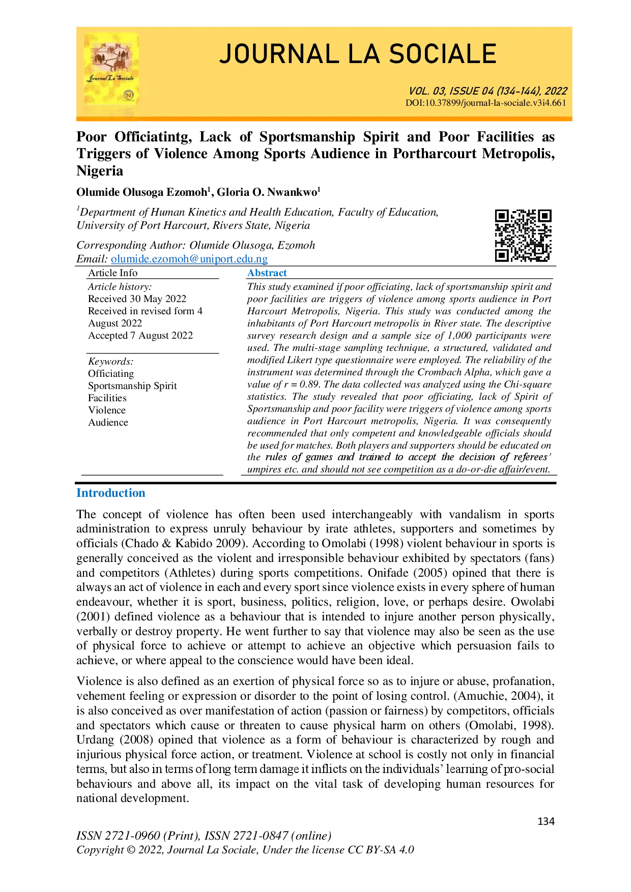 juris Poor Officiatintg Lack of Sportsmanship Spirit and Poor Facilities as Triggers of Violence Among Sports Audience in Portharcourt Metropolis Nigeria