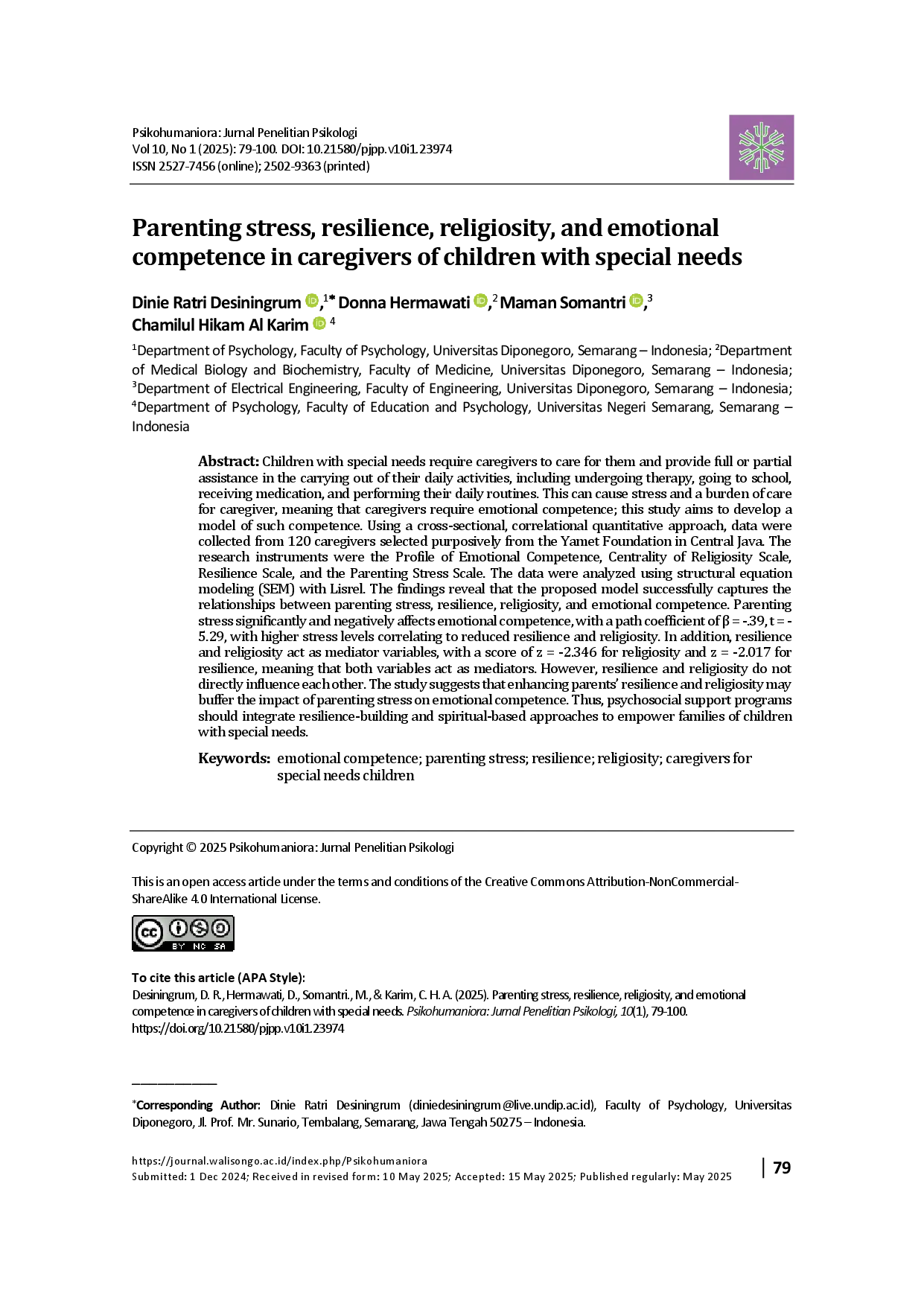 juris Parenting stress resilience religiosity and emotional competence in caregivers of children with special needs
