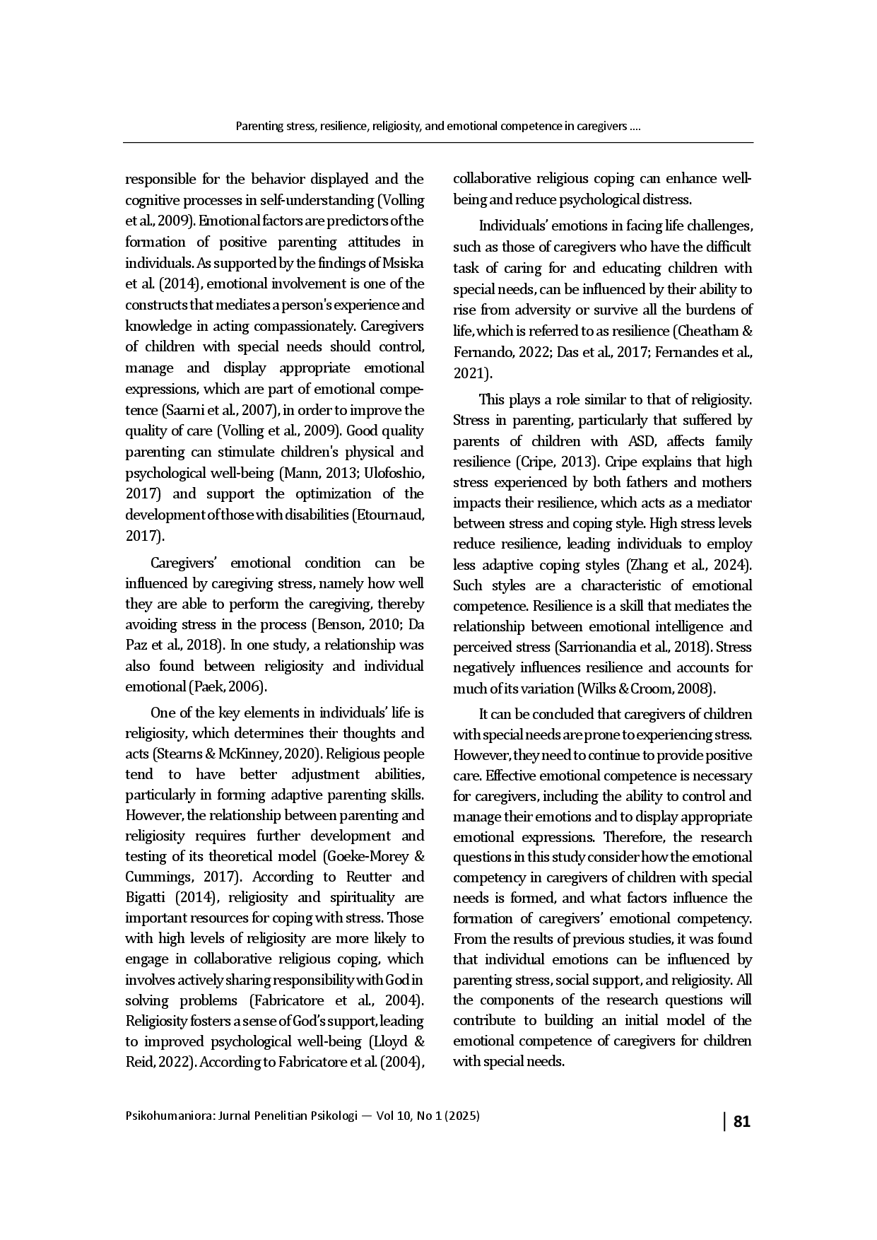 juris Parenting stress resilience religiosity and emotional competence in caregivers of children with special needs
