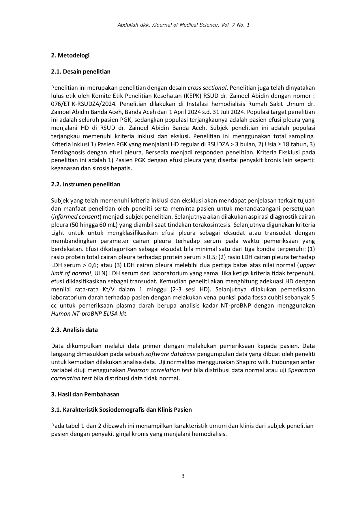 JURIS Hubungan Adekuasi Hemodialsis dan Kadar Natrium Terminal Prohormone of Brain Natriuretic Peptide NT proBNP dengan Efusi Pleura Transudat pada Penyakit Ginjal Kronik