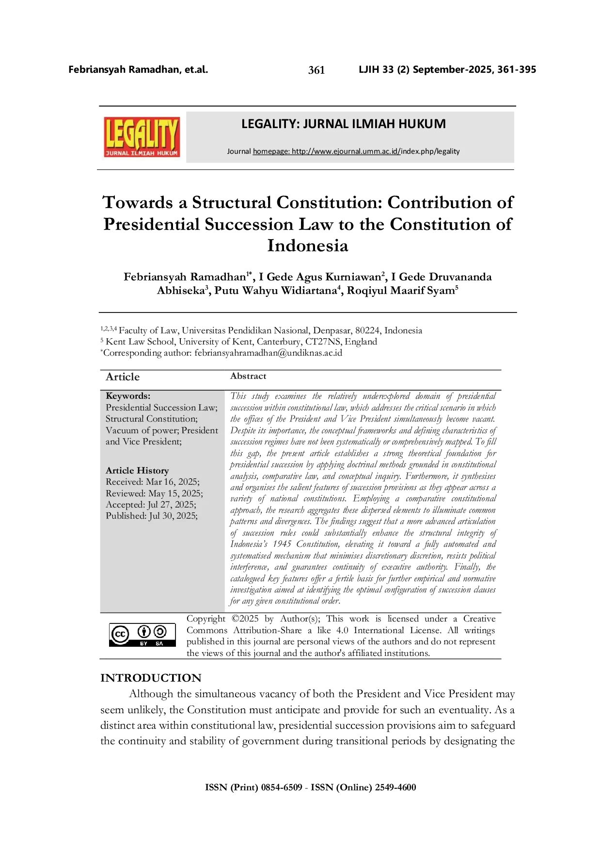 JURIS Towards a structural constitution contribution of Presidential Succession Law to the Constitution of Indonesia