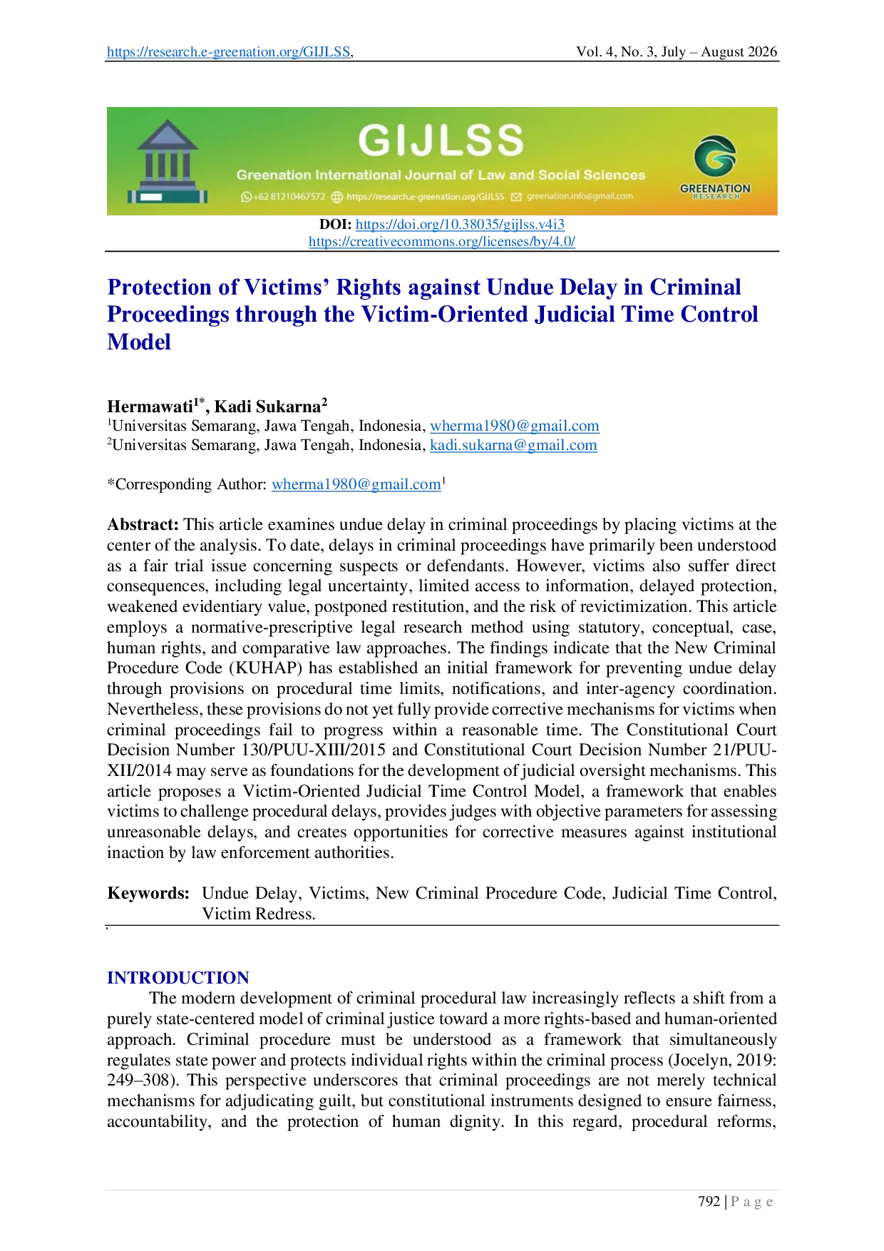JURIS Protection of Victims Rights against Undue Delay in Criminal Proceedings through the Victim Oriented Judicial Time Control Model