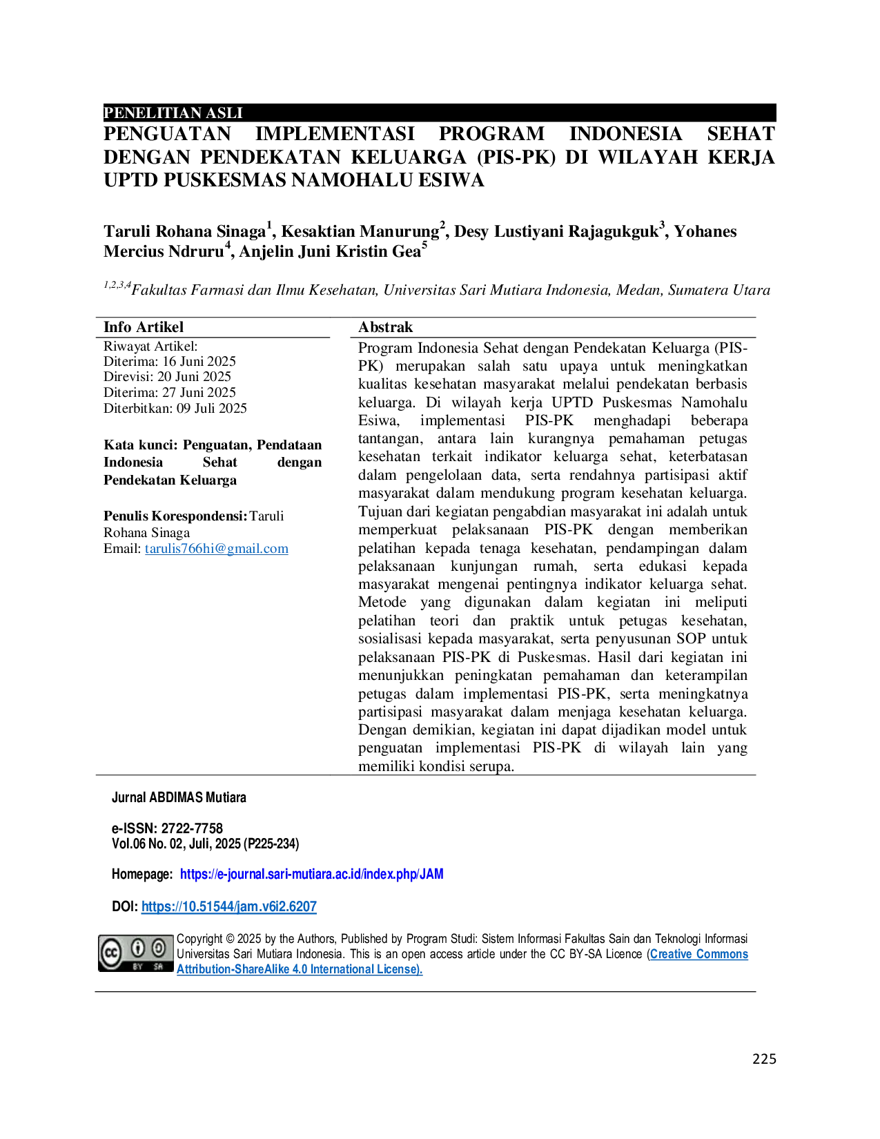 JURIS Penguatan Indonesia Sehat dengan Pendekatan Keluarga PIS PK di Wilayah Kerja UPTD Puskesmas Namohalu Esiwa