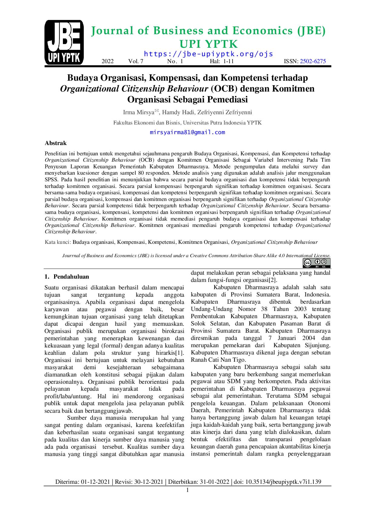 JURIS Budaya Organisasi Kompensasi dan Kompetensi terhadap Organizational Citizenship Behaviour OCB dengan Komitmen Organisasi Sebagai Pemediasi