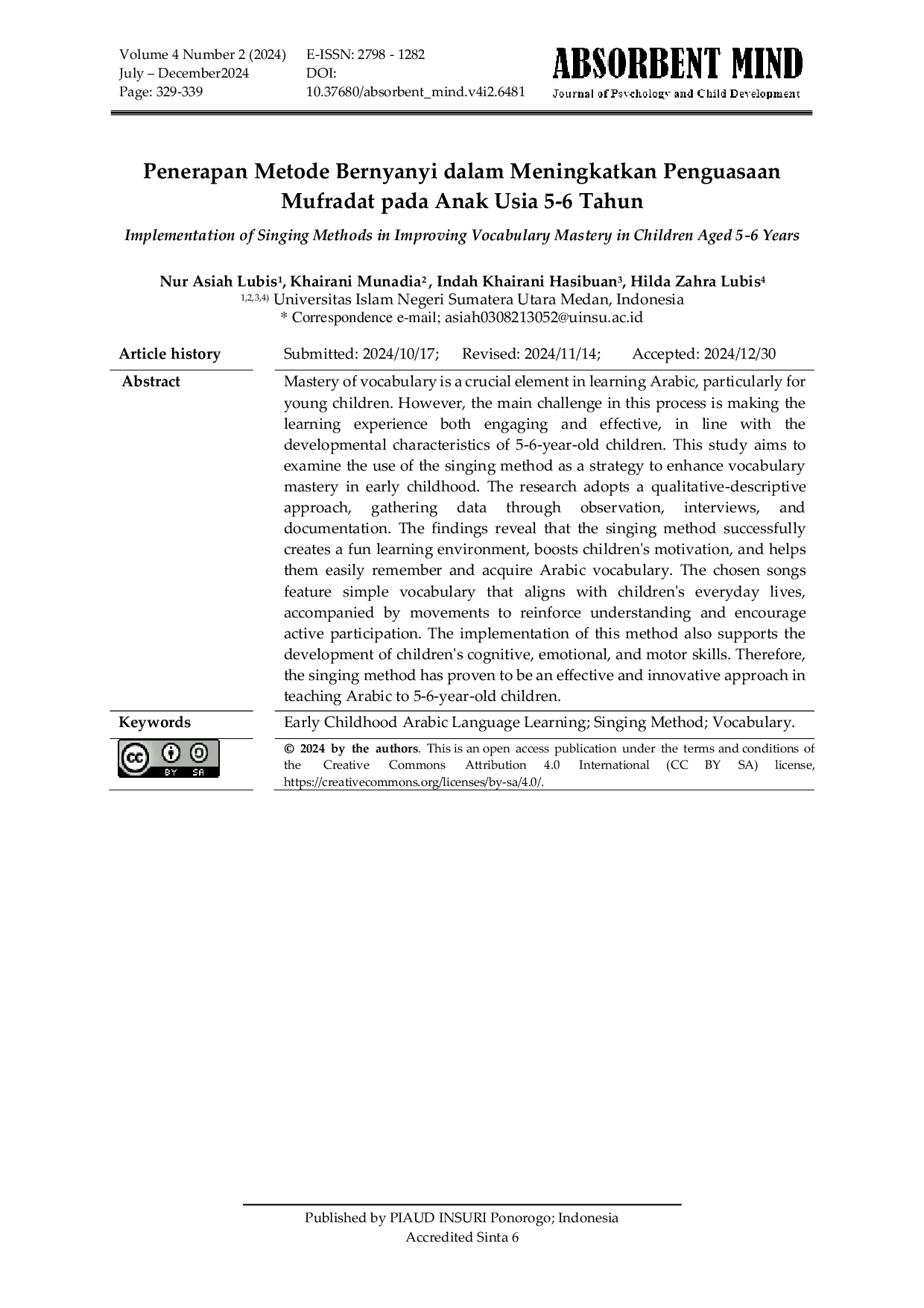 JURIS Penerapan Metode Bernyanyi dalam Meningkatkan Penguasaan Mufradat pada Anak Usia 5 6 Tahun