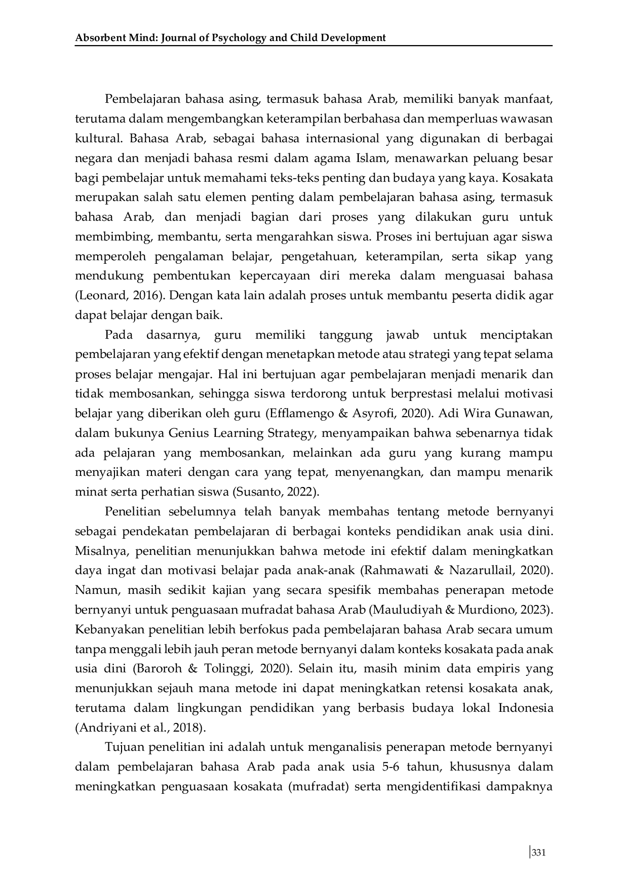 JURIS Penerapan Metode Bernyanyi dalam Meningkatkan Penguasaan Mufradat pada Anak Usia 5 6 Tahun