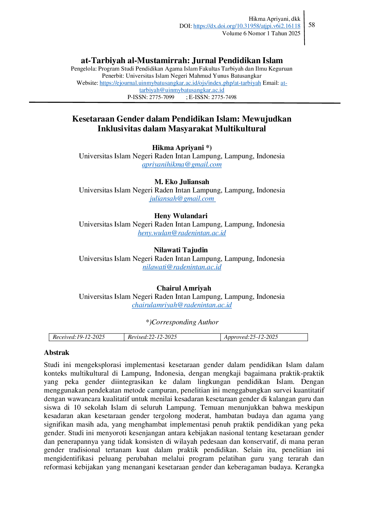 JURIS Gender Equality in Islamic Education Realizing Inclusivity in Lampung s Multicultural Society