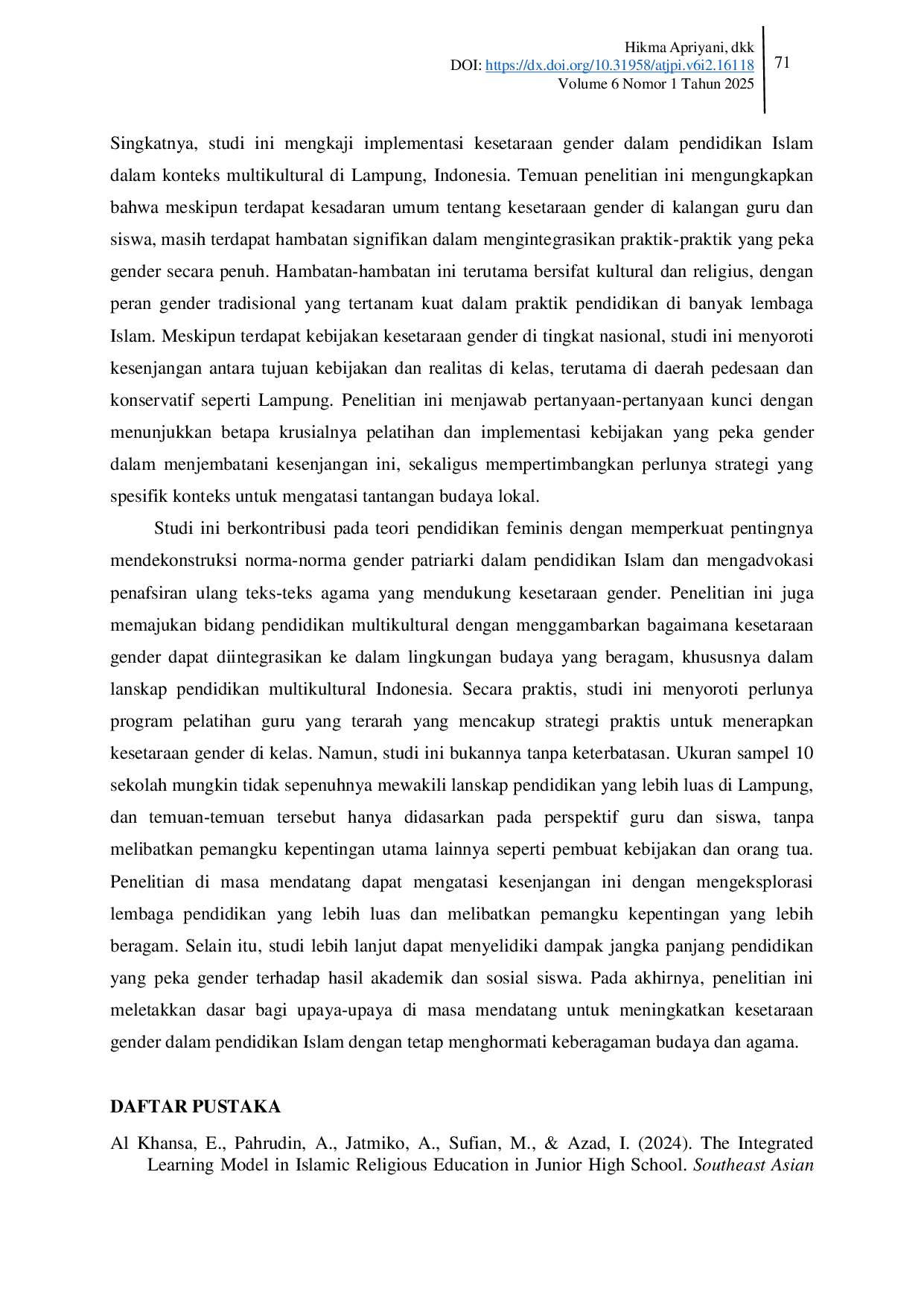 JURIS Gender Equality in Islamic Education Realizing Inclusivity in Lampung s Multicultural Society