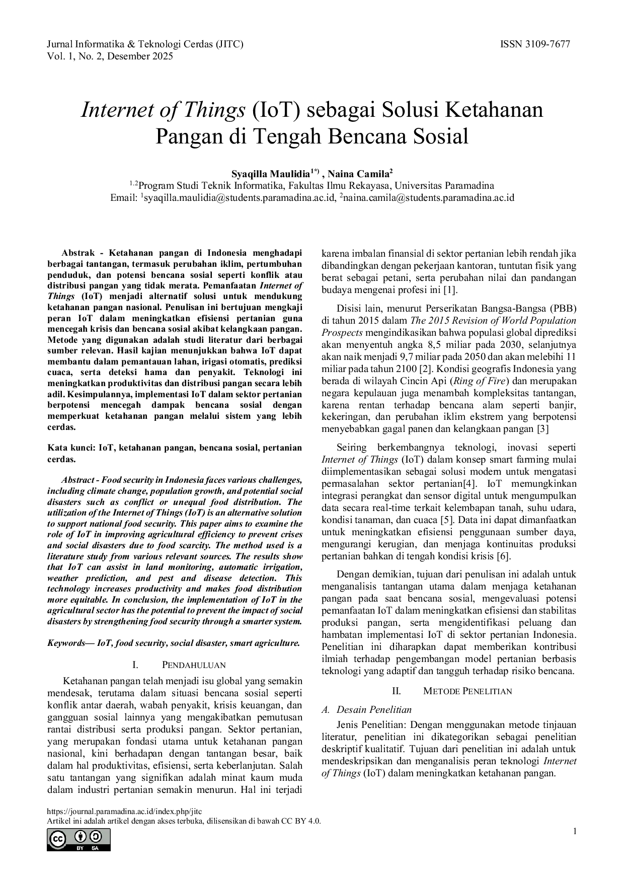 JURIS Internet of Things IoT as a Solution for Food Security in the Middle of Social Disaster