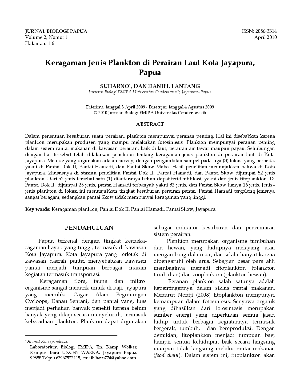 juris Keragaman Jenis Plankton Di Perairan Laut Kota Jayapura Papua