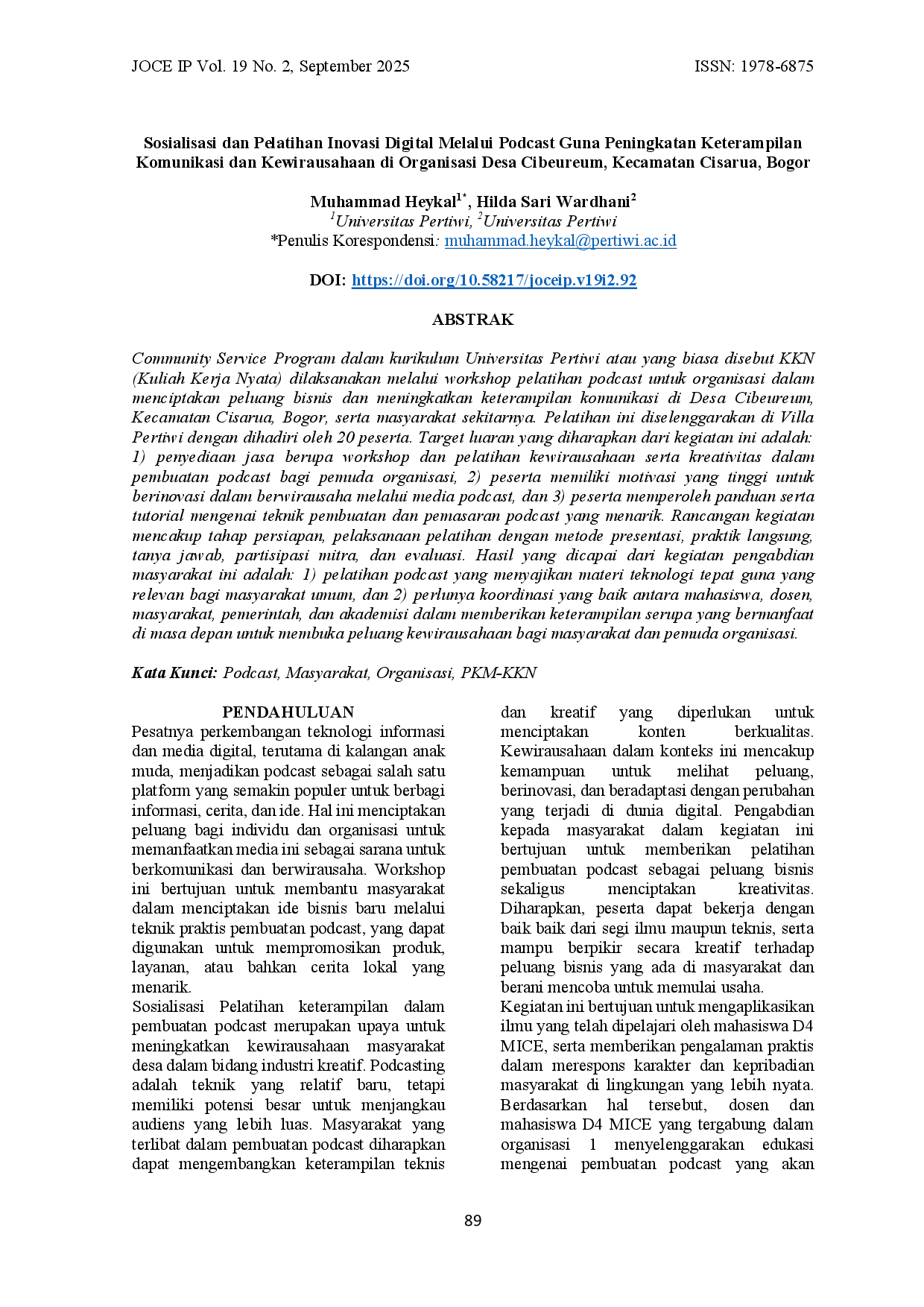 JURIS Sosialisasi Dan Pelatihan Inovasi Digital Melalui Podcast Guna Peningkatan Keterampilan Komunikasi Dan Kewirausahaan Di Organisasi Desa Cibeureum Kecamatan Cisarua Bogor