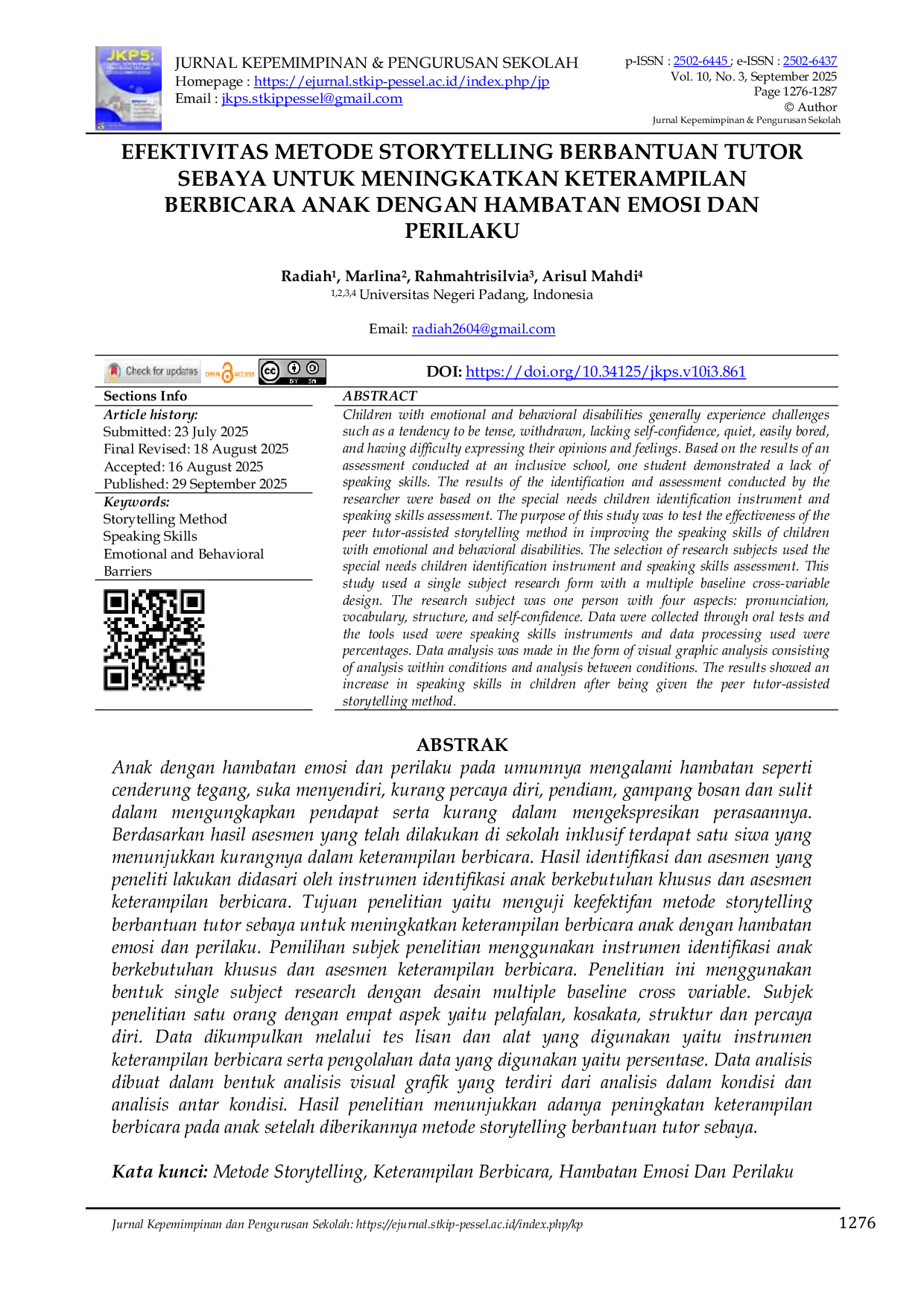 JURIS Efektivitas Metode Storytelling Berbantuan Tutor Sebaya Untuk Meningkatkan Keterampilan Berbicara Anak Dengan Hambatan Emosi Dan Perilaku