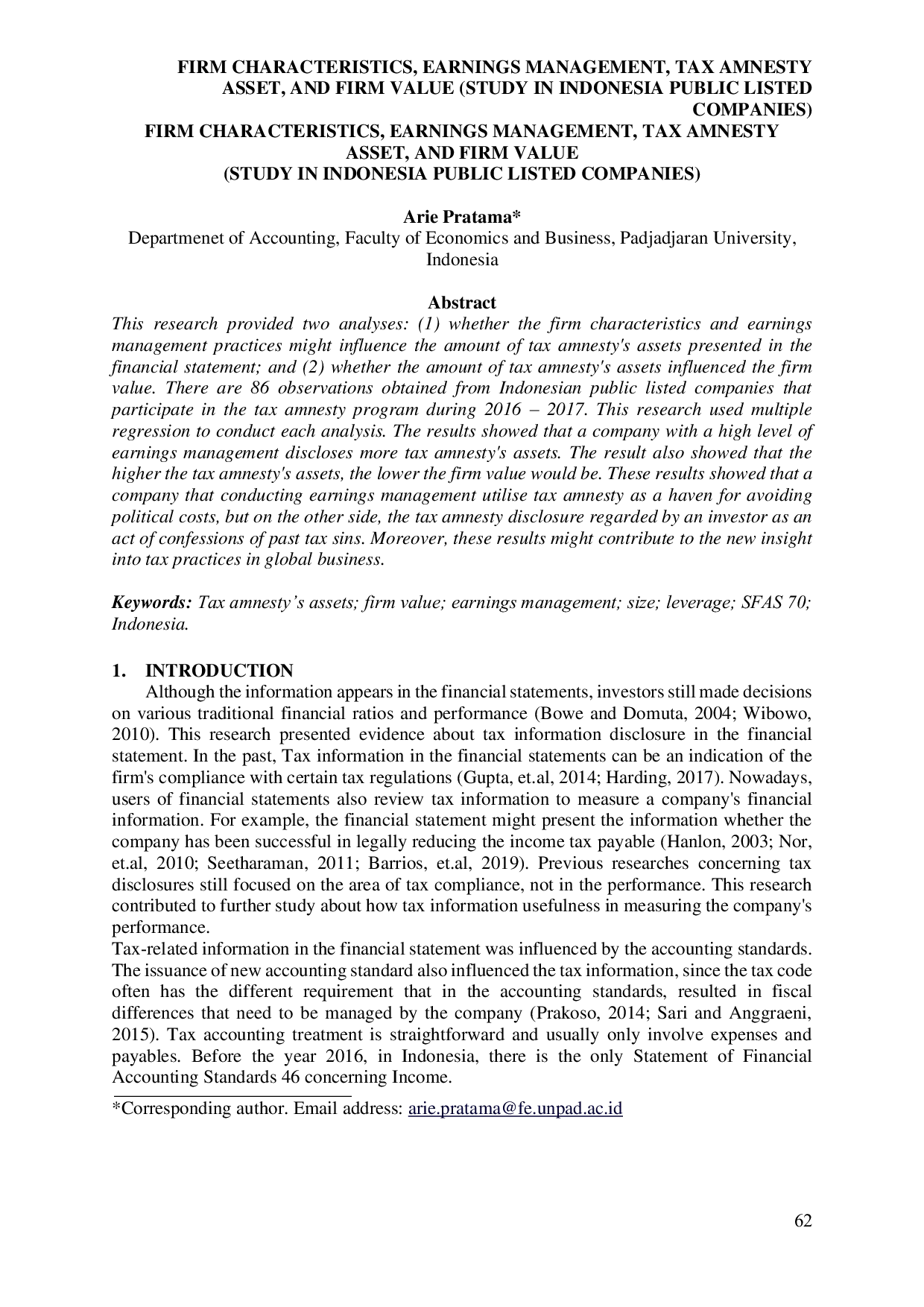 JURIS Firm Characteristics Earnings Management Tax Amnesty and Firm Value study in Indonesia public listed companies