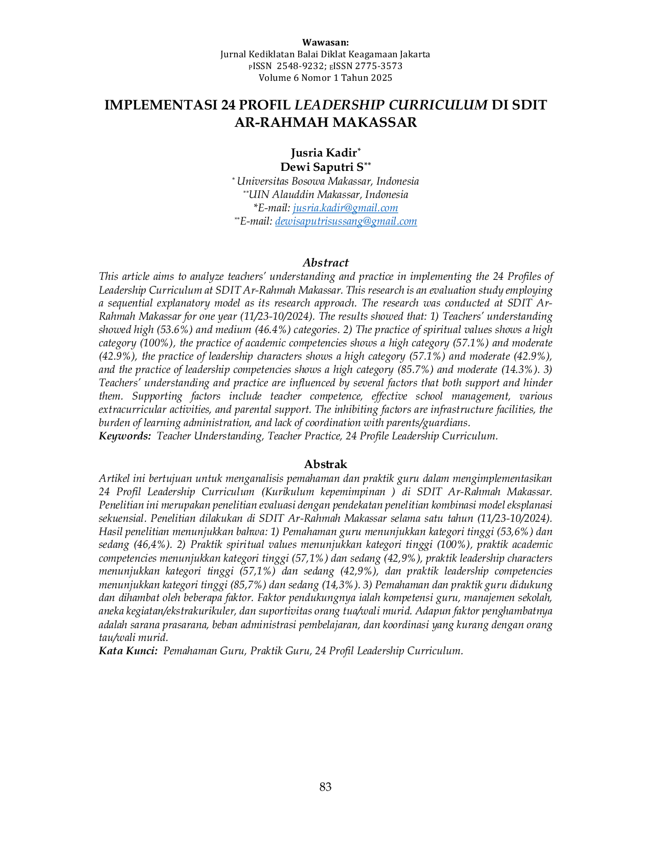 JURIS IMPLEMENTASI 24 PROFIL LEADERSHIP CURRICULUM DI SDIT AR RAHMAH MAKASSAR