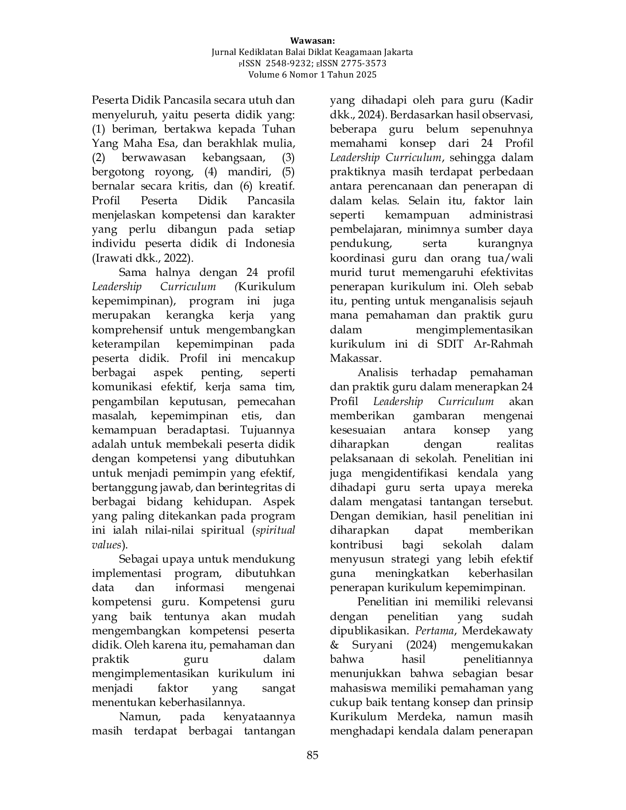 JURIS IMPLEMENTASI 24 PROFIL LEADERSHIP CURRICULUM DI SDIT AR RAHMAH MAKASSAR