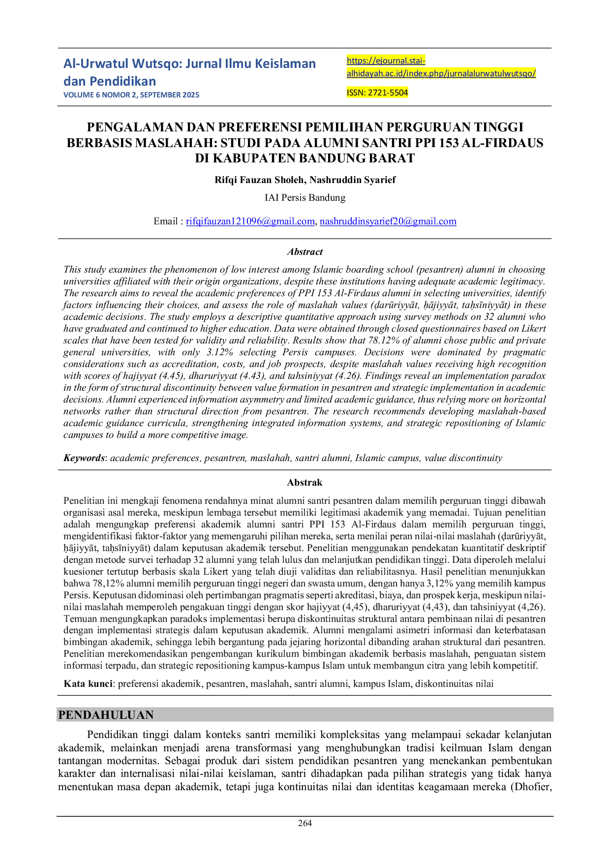 JURIS Pengalaman Dan Preferensi Pemilihan Perguruan Tinggi Berbasis Maslahah Studi Pada Alumni Santri Ppi 153 Al Firdaus Di Kabupaten Bandung Barat
