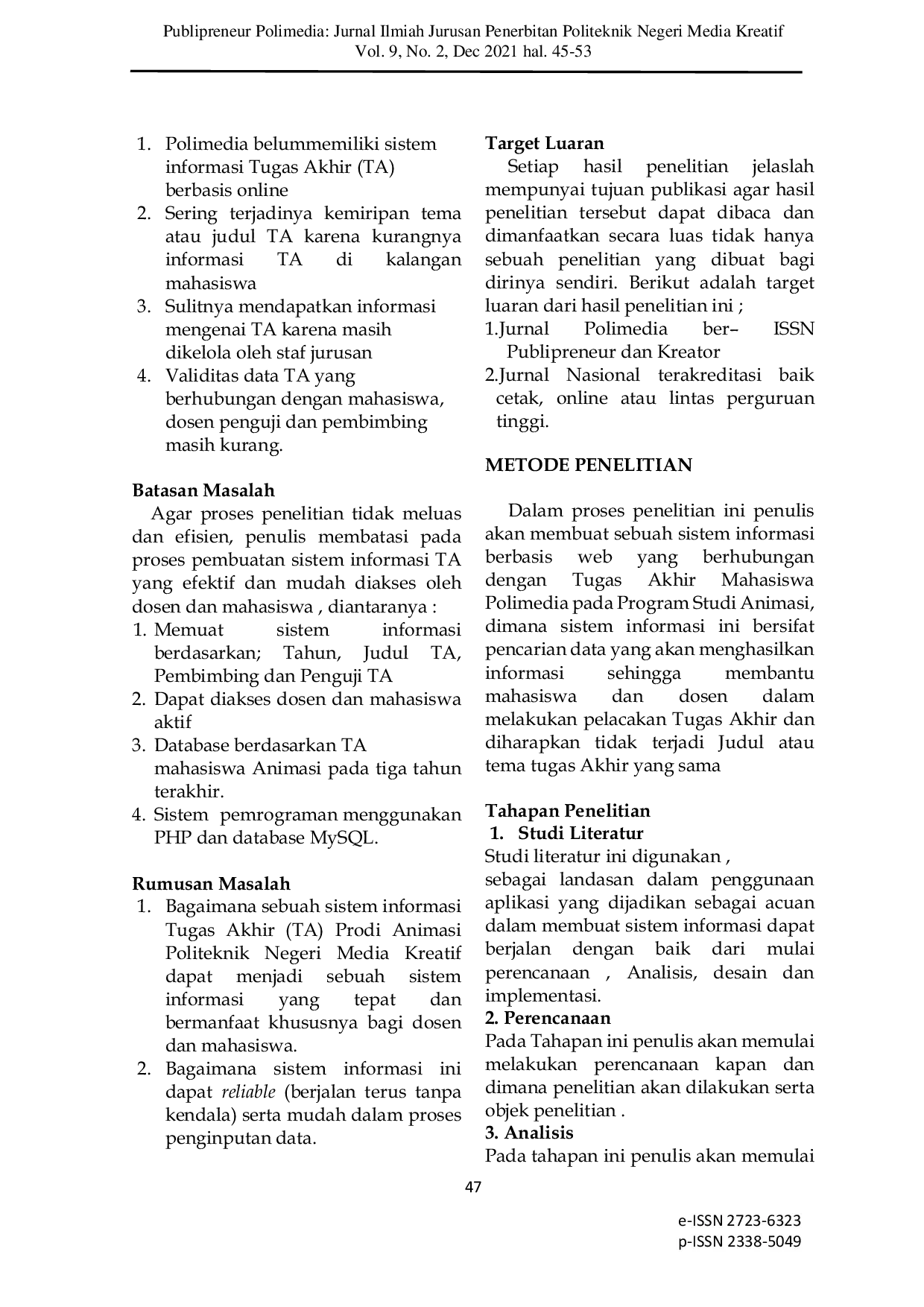 JURIS Perancangan Sistem Informasi Tugas Akhir Berbasis Web Pada Program Studi Animasi Politeknik Negeri Media Kreatif