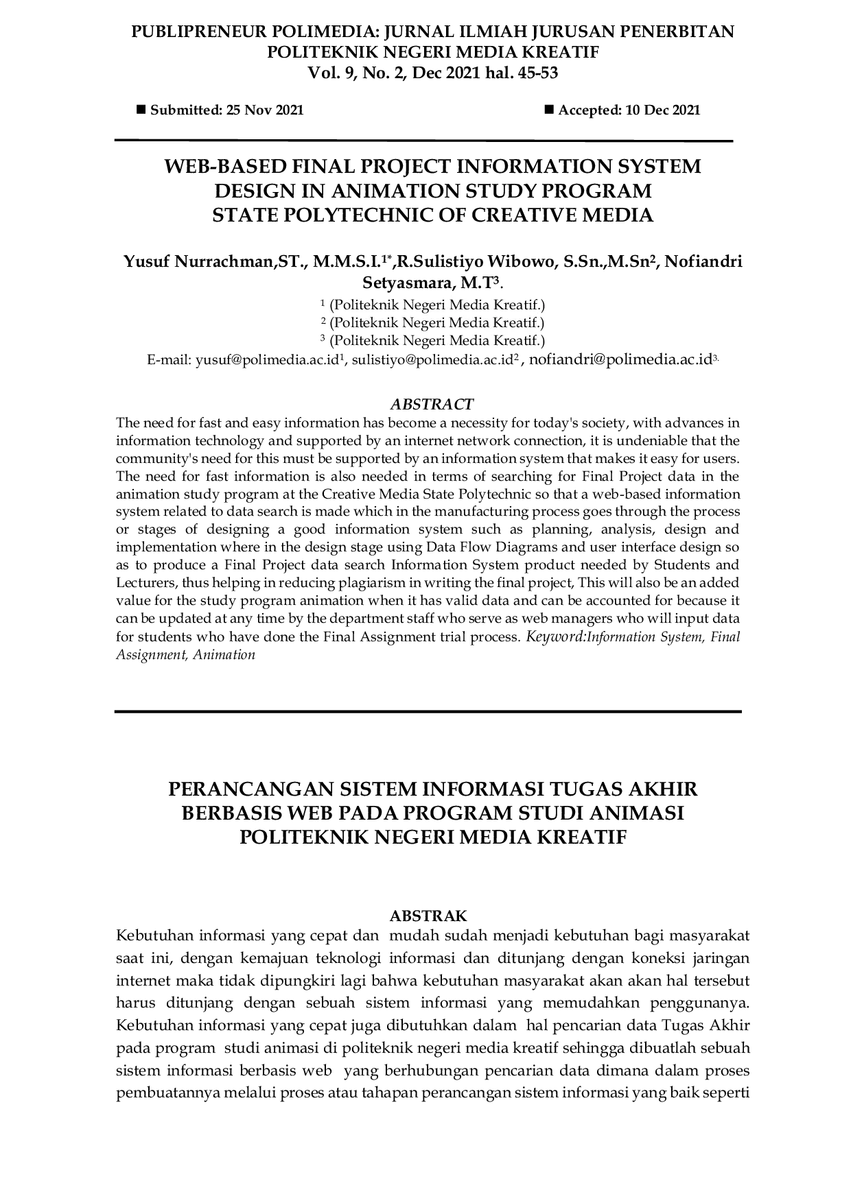JURIS Perancangan Sistem Informasi Tugas Akhir Berbasis Web Pada Program Studi Animasi Politeknik Negeri Media Kreatif