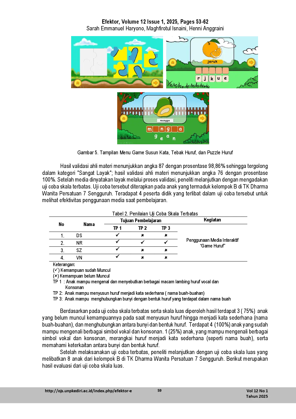 juris Development of the Game Huruf Interactive Media to Enhance Literacy Skills in Group B Children at Dharma Wanita Persatuan 7 Sengguruh Kindergarten