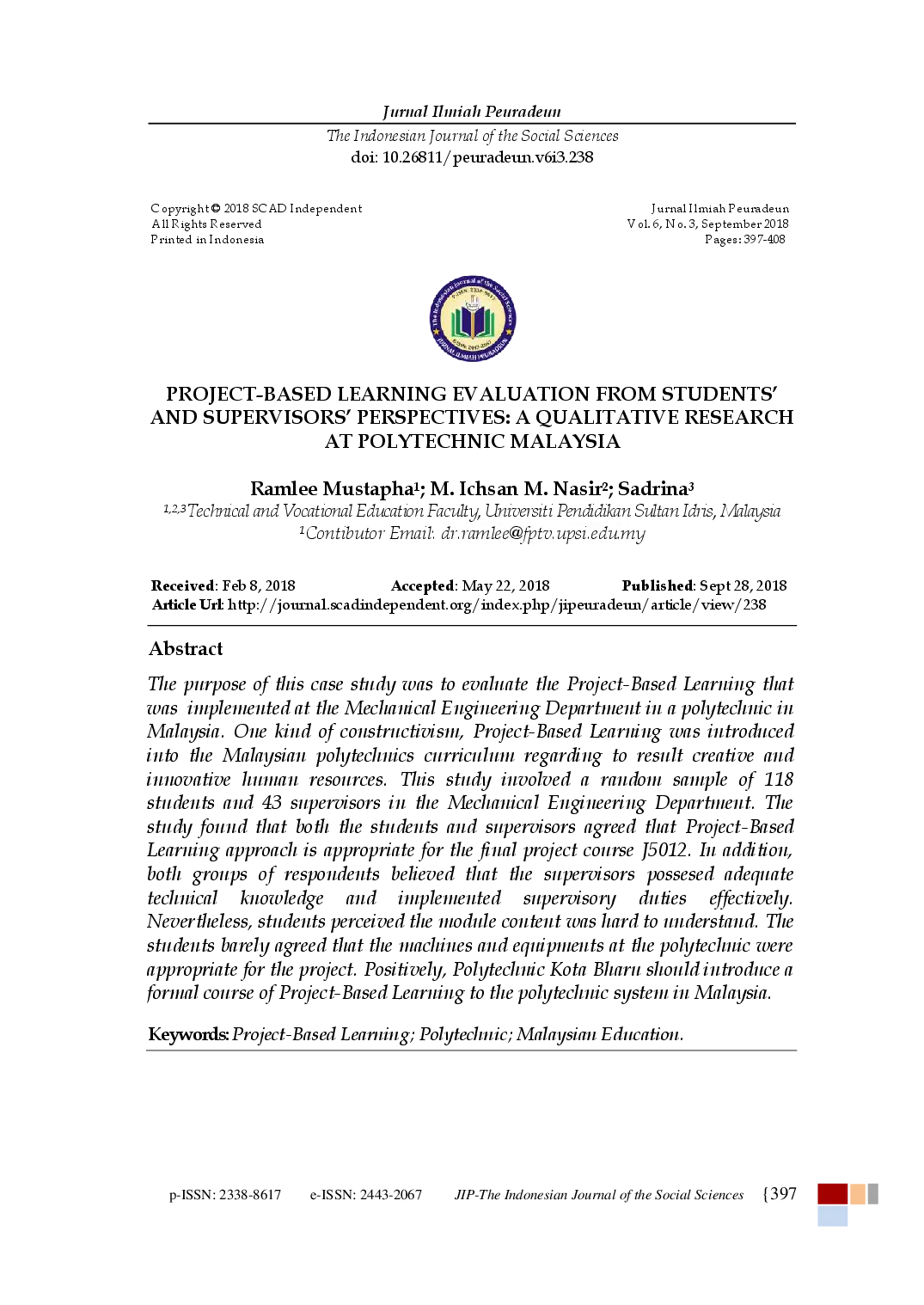 juris Project Based Learning Evaluation from Students and Supervisors Perspectives A Qualitative Research at Polytechnic Malaysia