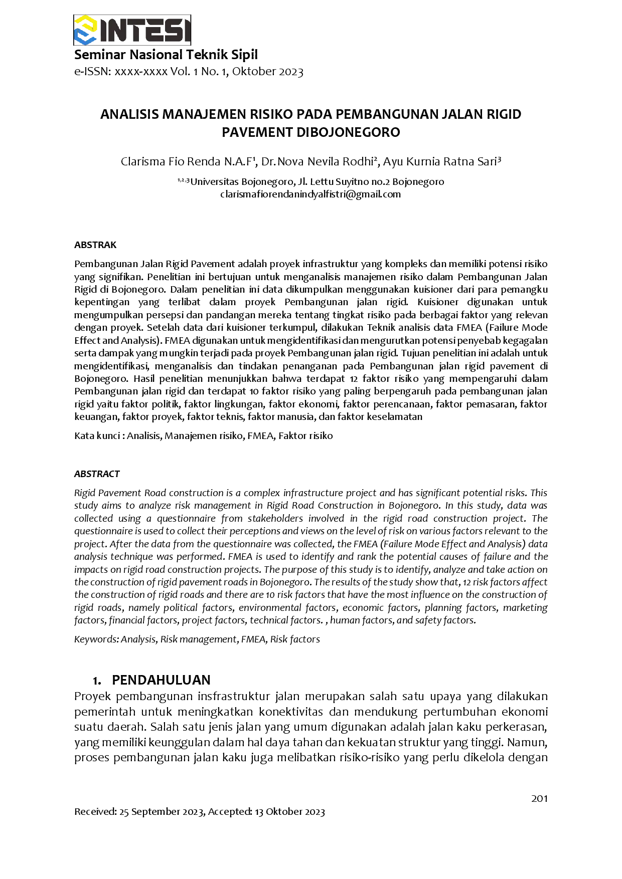 juris Analisis Manajemen Risiko Pada Pembangunan Jalan Rigid Pavement Di Bojonegoro