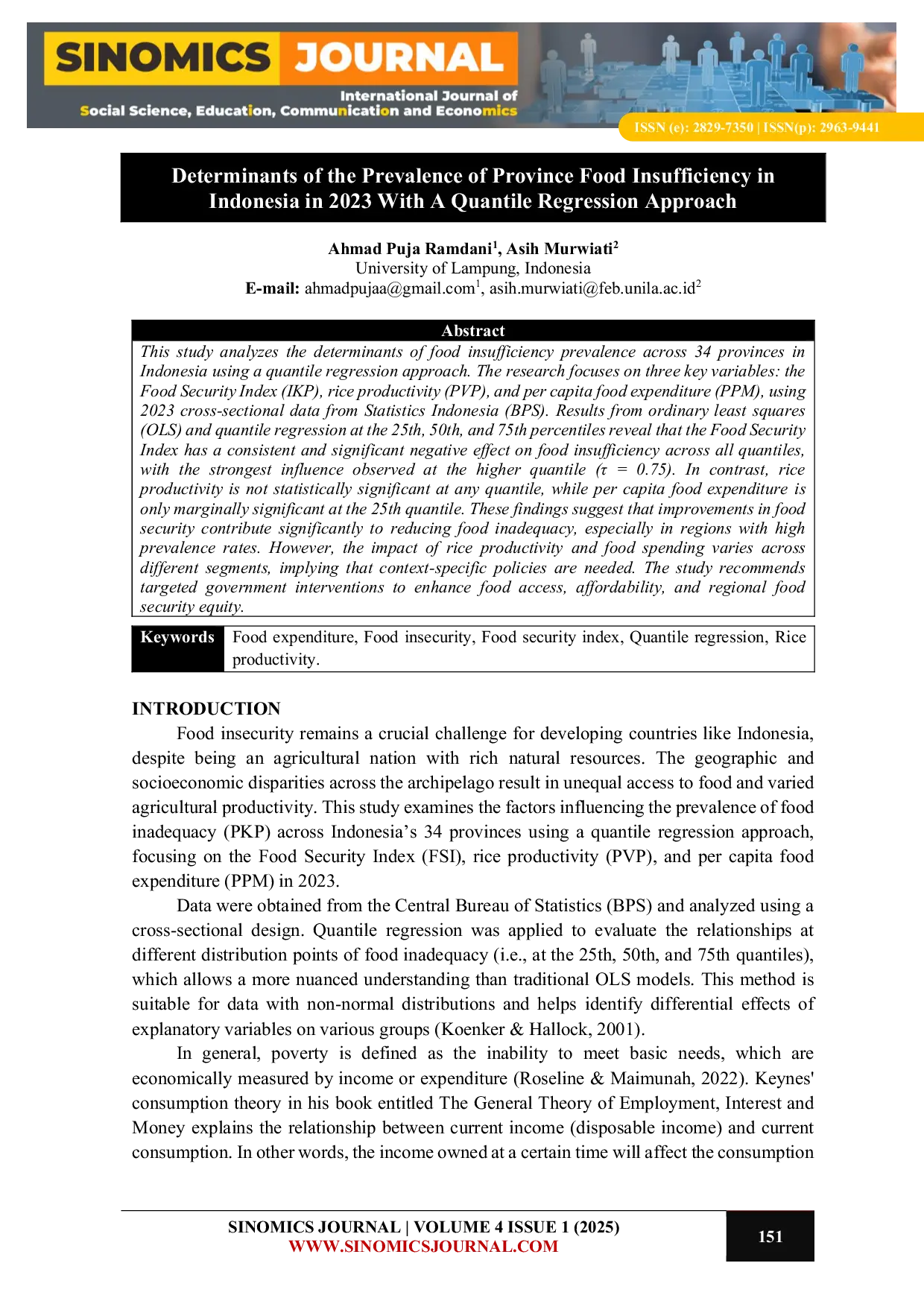 JURIS Determinants of the Prevalence of Province Food Insufficiency in Indonesia in 2023 With A Quantile Regression Approach